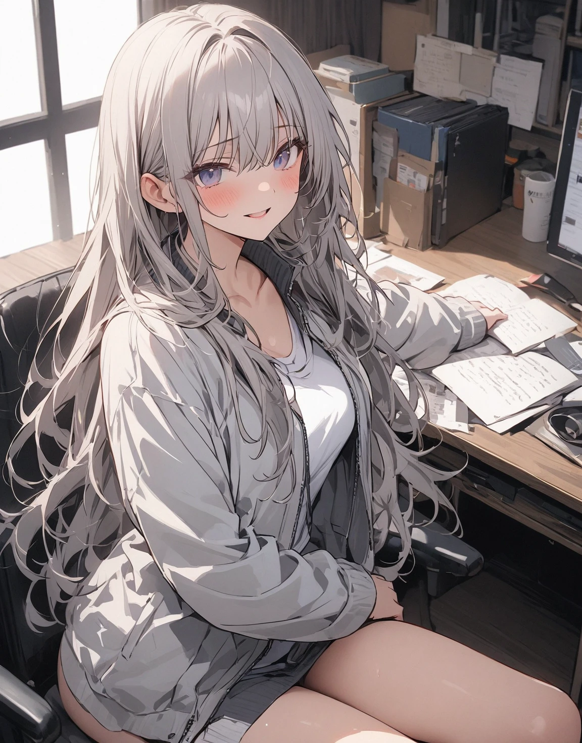 (Highest quality, High resolution, Very detailed), 1 female, Silver Hair, Long Hair, Reddish brown eyes, suit skirt, lace thong, garter belt, secretary, 24th generation, Beautiful woman, mature, quiet, Calm, Large Breasts, A small smile, office,