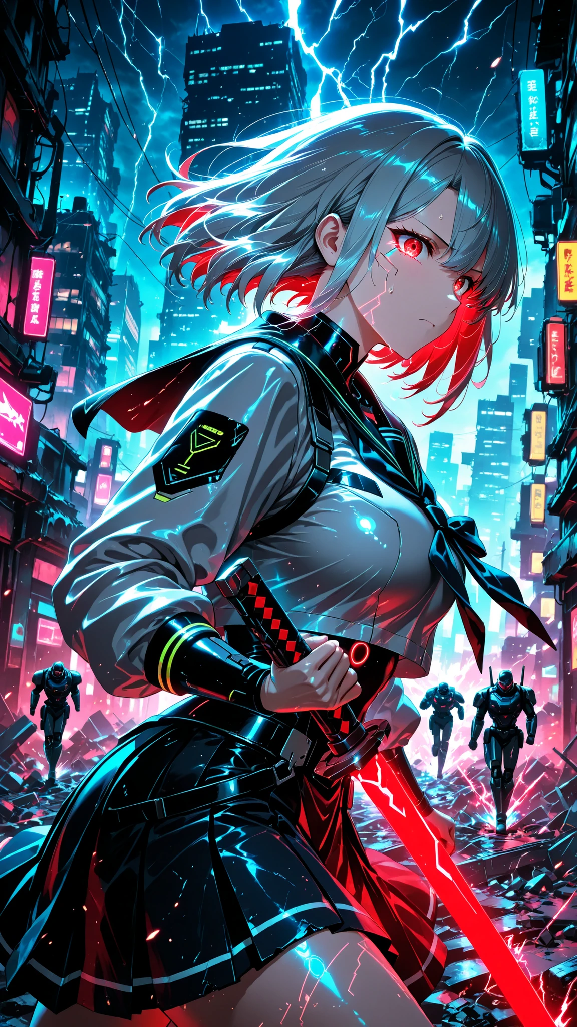 Night of severe thunderstorms、dramatic profile of a female swordsman in the middle of a fierce battle in an abandoned futuristic city. She has long black pigtails, Red Eyes, and、I'm wearing a black sailor suit modified with sci-fi armor. Her glowing energy sword is gripped tight, and彼女の表情は目に見えるパニックと緊急性を示しています, Face with sweat running down. Lightning flashes in the dark stormy sky behind her, Illuminating rubble and destroyed buildings. Mechanical enemies lurk in the shadows. Her hair and uniform are fluttering in the wind. slightly translucent skin , Emotional, like a movie, with dynamic lighting, Highly detailed, with a cyberpunk vibe .