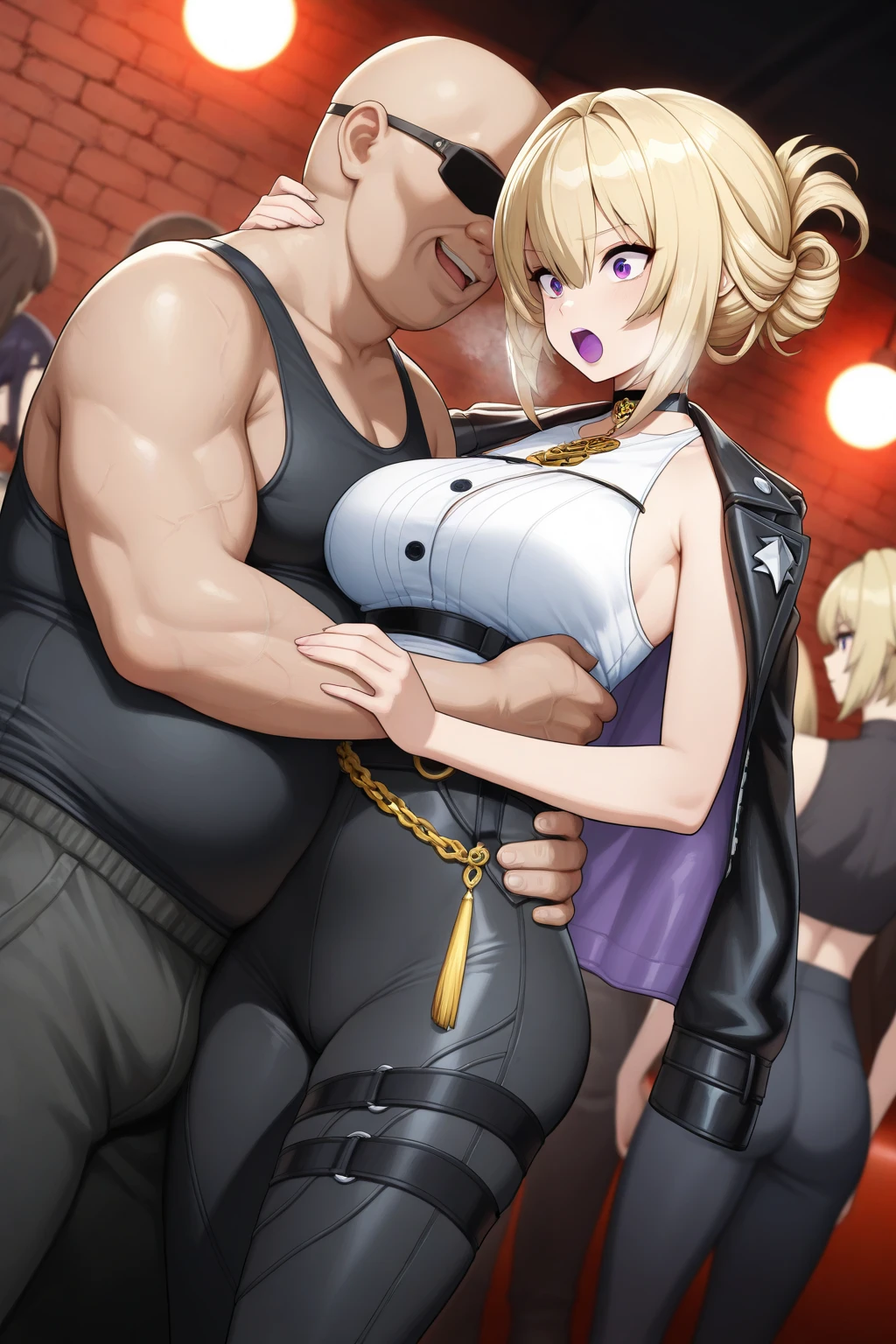 ((1girl)and(1shota boy)),(height difference),hetero,(1girl),(curvy:1.4), (long hair),straight hair, blonde hair, light blue eyes, huge breasts, pale skin,shiny skin, (rolling eyes:1.4),(trembling), erectile nipples, ((She wears dominatrix)), cum in pussy,(cum on clothes:1.4), cum on breasts,cum on body,cum facial, bukkake, cum in mouth,cum on hair,(excessive cum), (1shota boy,short stature:1.4),small penis,dark skinned shota boy,interracial, ((shota boy win, smug)), sex,sex from behind,all fours,((grab her hip)),((((motion lines)))), (wrestling ring),(masterpiece,best quality:1.3),(ultra-detailed,high resolution:1.2),(illustration),((an extremely delicate and beautiful)),(detailed background),