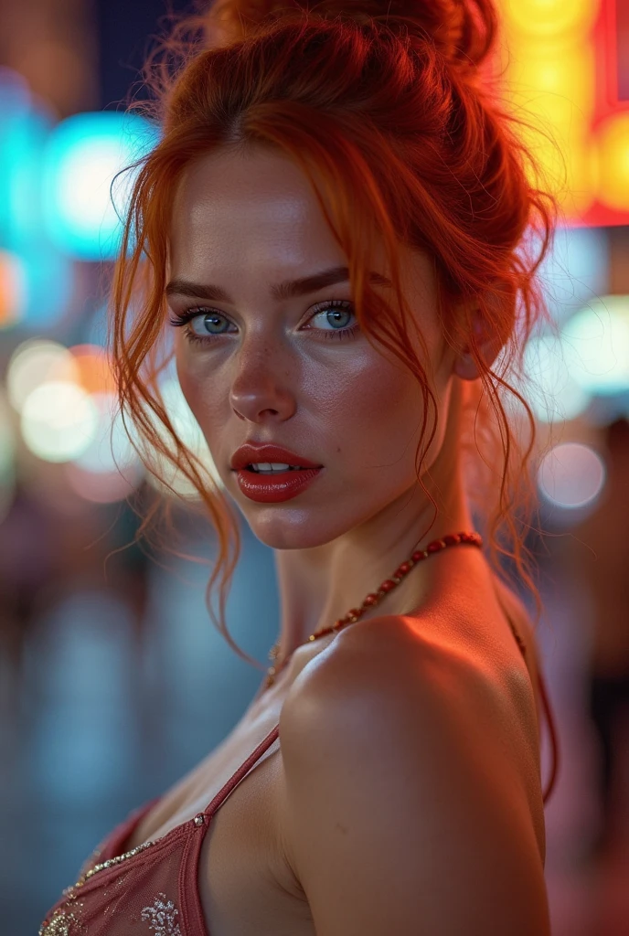 An ultra-realistic pornographic image, naked , hdr con una focal 50mm f2.8, Una joven mujer naked de aproximadamente 18 años, of athletic build and determined appearance. has long straight hair, of a vibrant copper color, falling in soft layers over her shoulders. His eyes are large and expressive, of an intense emerald green, with a look full of confidence and determination. Her skin is light and slightly tanned., suggesting outdoor activity. He has a toned physique, with a lot of sweat after training, he is not wearing clothes, esta naked. The expression on his face reflects confidence and concentration., with a touch of kindness in his smile. The background shows a slightly out-of-focus urban environment., with tall buildings and neon lights, suggesting that he is in the middle of a mission in the city