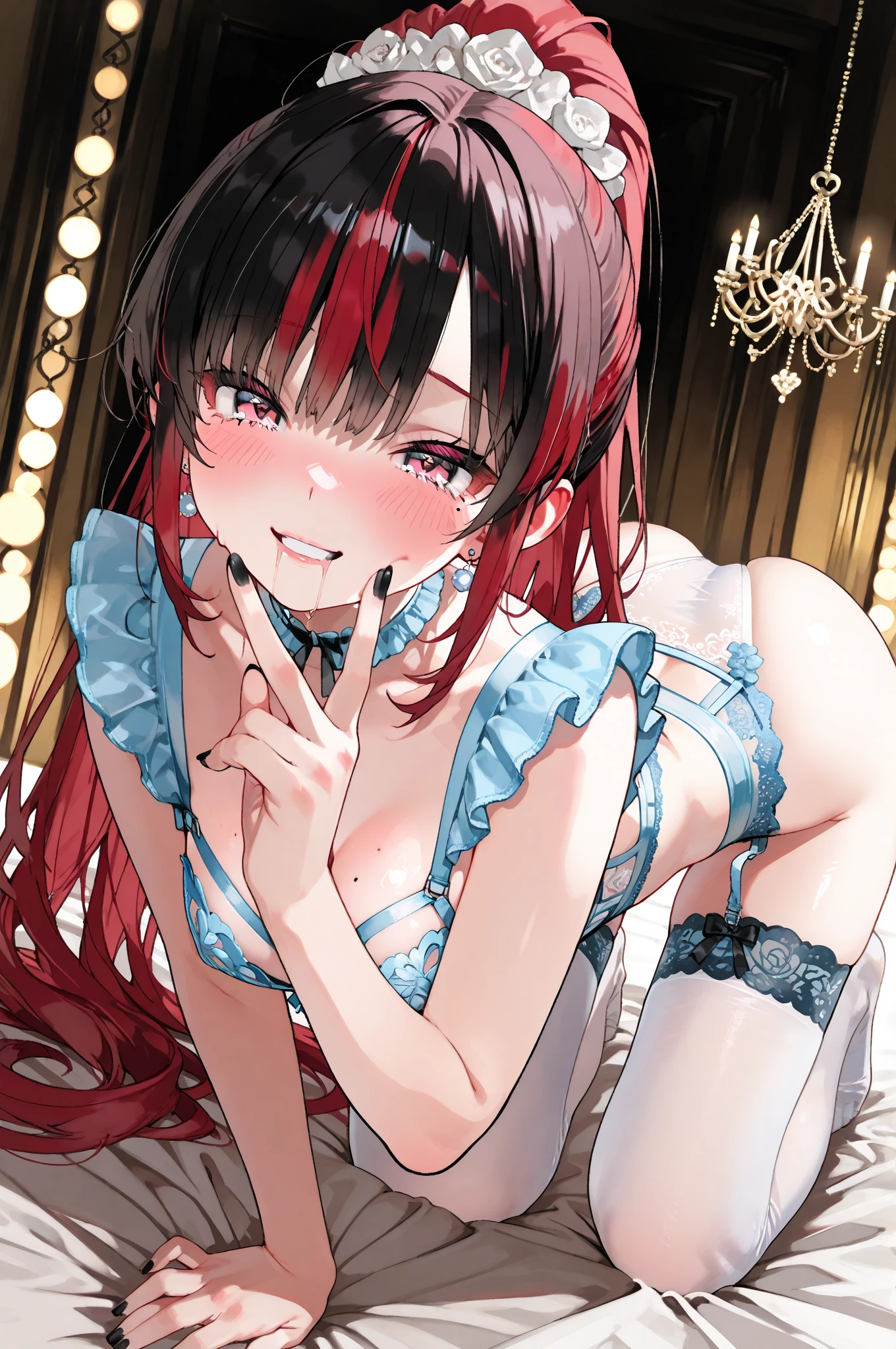 anime girl in red lingerie sitting on the ground, seductive anime girl, small curvy loli, anime moe artstyle, beautiful anime girl squatting, sexy pose, anime girl, commission for high res, made with anime painter studio, loli, some red, pixiv 3dcg, various pose, highres, thicc, oc commission, anime pose, tied with a red ribbon , dark red hair, blue eyes, The animal's ears point downwards, Perfect hand, big breast, big breasts