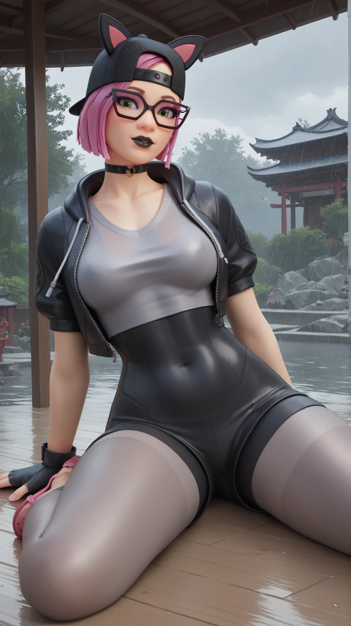 (From above), (full body), painted nails, bare feet, (horny slut:1.2), (wet), (pink blue green mulit colored hair:1.1), punk shaved hair, (matel straps:1.3), bus stop, pov view, detailed face, (woman wearing blindfold:1.2), (sitting on a bench), (spreading legs wide:1.2), (fhisnets thigh higs:1.2), (latex arm sleeves:1.2), (choker:1.1), sharp focus, realistic, (full body view), from the side, (huge perky breasts:1.3), (muscular), cute (skinny), panting, (absolutely drenched in sweat), (extremely detailed hair), (punk cut), (extremely detailed face, eyes, skin), (cute face), (sharp features), 4k, best quality, detailed background.
