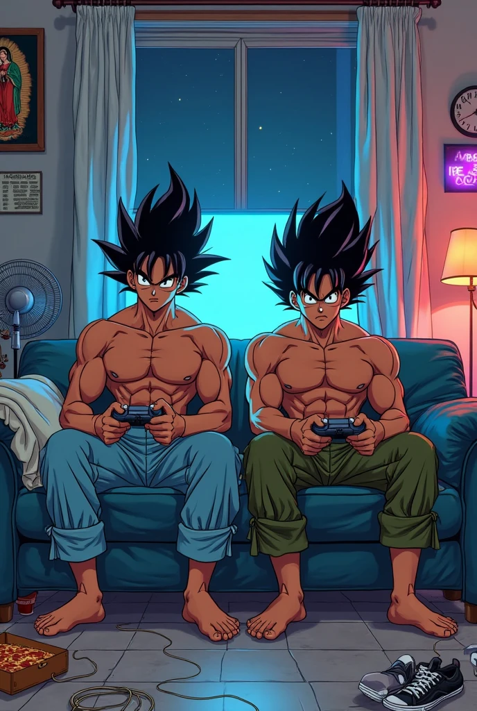 Best_QualityPos, RAW photo, intricate details, best quality, 8k uhd, soft lighting, 1boy, solo, black eyes, black hair, spiked hair, single earring, dougi gamer jugando con mando de play 5
