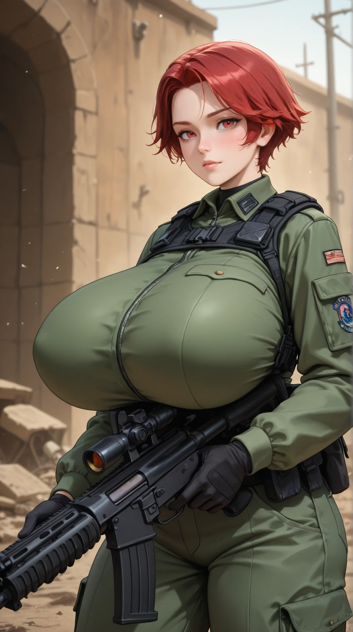 An absurd solution, High resolution, (masterpiece: 1.4), Super detailed, A weapons testing site on a vacant seaside pier, One young woman, Short Red Hair, soldier outfit, very serious look Dirty Body Upper Body Sweaty Big Breasts Expose Fluid from nipples Reverse Rape Slimy saliva Urinating Watching the audience Attractive body Muscular