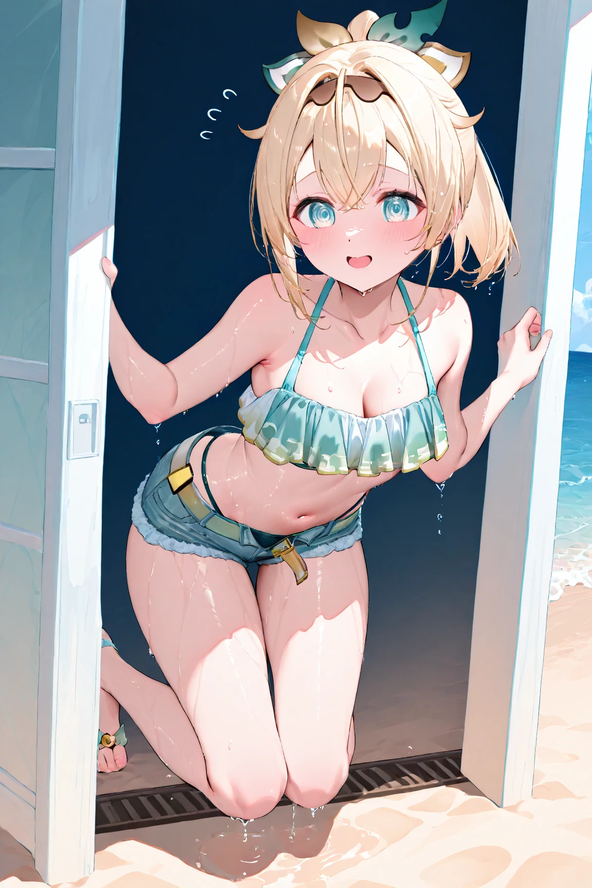 (Perfect body),Best Quality,16 K,blush,(Short hair), (((Orange Eyes))),thick thight,((((Pink hair)))),Standing,Sweat,Bukkake,flabbergasted,(((small tits))),(((posterior view)))),cowboys_shots,(((Wavy Hair)),Ahoge,hair clips,(Yellow camisole),(pink ruffle skirt),((Light blue striped panties)),(white knee-socks),NSFW,Panchira,(((Big ass))),On the train,flat chest、Petanko、srestrained, blush,M leg,Spread legs,Wet、(((Striped bikini))),(((Blue Bikini)))、Sweat,from behind、With your back turned、is standing,Looking at Viewer,((( short in stature))),NSFW