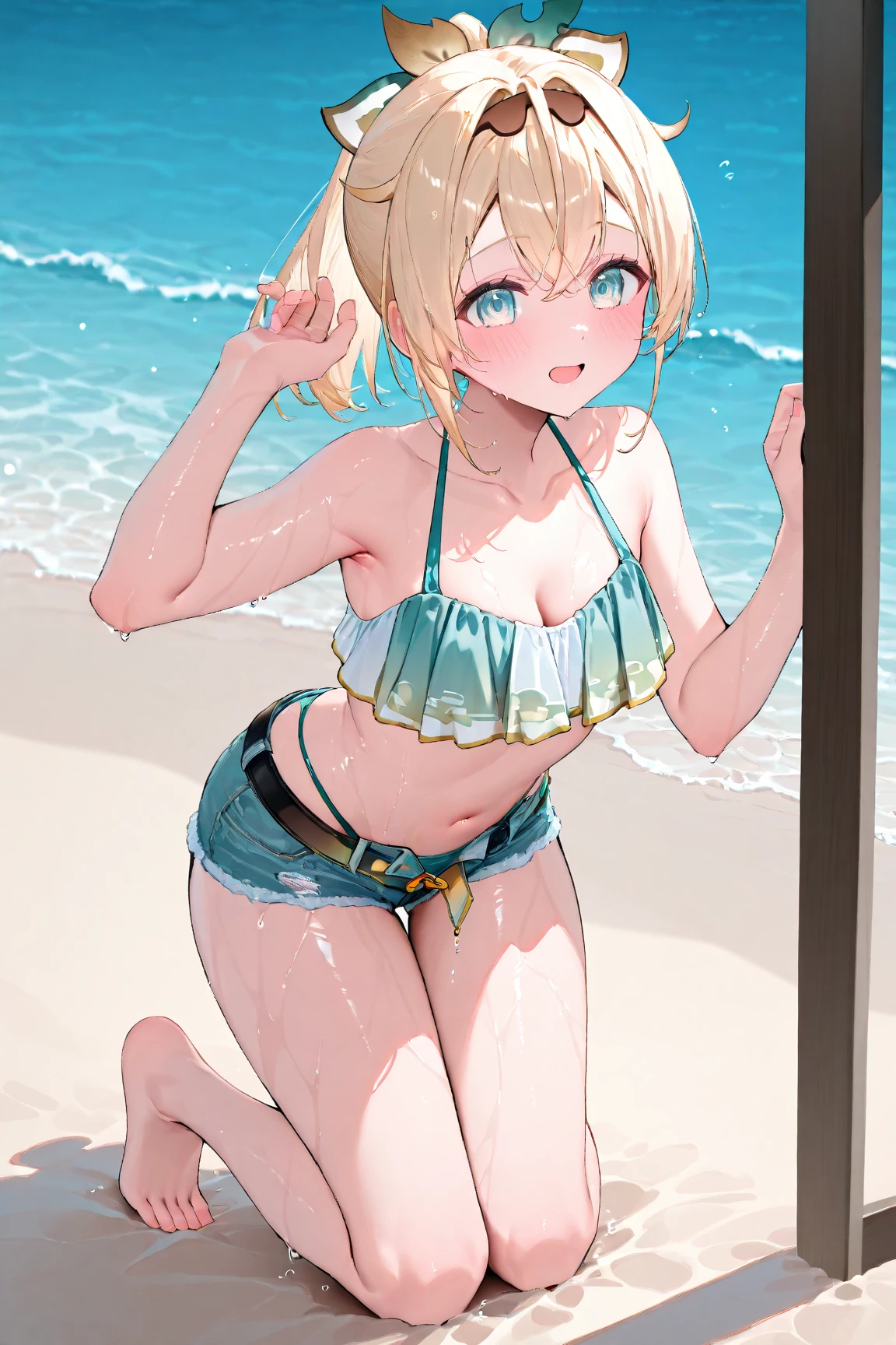 (masterpiece:1.3),((High resolution)),((high quality)),((Super detailed))、1 girl、perfect balance、perfect face、detailed face、cute face、beautiful詳細な目、Expressive eyes、cute eyes、shiny eyes、perfect body、beautiful体、(((Pink Stripes々bikini)))、(big breasts)、(head shot)、embarrassing、blush、beach、beautiful女の子、cute face、beautiful顔、cute face、beautiful、best quality、good anatomy、ornaments,Walnut noa、short hair、colorful hair、hair ribbon、hair ornament、thigh strap、smile、closed mouth、blush、Are standing、from below、