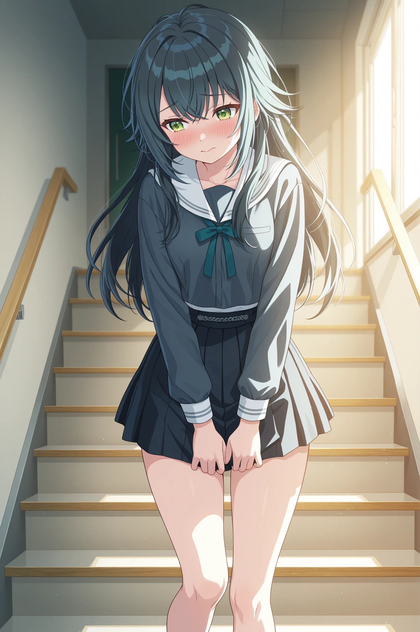 (((((????? on the floor:1.5, standing, spread legs:1.5, Point your knees outwards:1.5 ) behind head, Push your hips forward, , Voluptuous body, Slut、(????? on the floor, standing, spread,arms behind head, Point your knees outwards:1.5, Sweat, Angle from below)))), Realistic composition, Doujinshi scene,, Big Thighs, Pleated skirt, White Shirt, Angry face, blush, from below