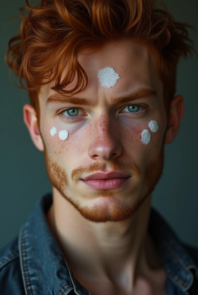 Young, red-haired man with a handsome face, sporting short, straight hair, and no shirt, applying lotion to his arms.