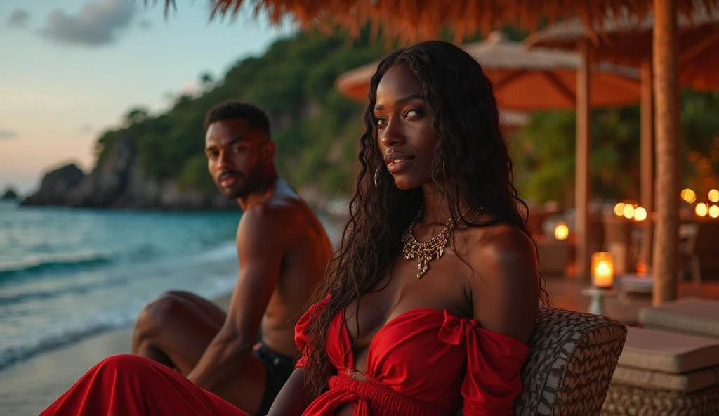 beautiful detailed eyes, beautiful detailed lips, extremely detailed eyes and face, long eyelashes, 1girl, 1man, indian woman in tight saree, sexy saree, muscular african man, full body, outdoor, front pose, dynamic lighting, golden hour, vivid colors, cinematic, epic scale, hyper detailed, (best quality,4k,8k,highres,masterpiece:1.2),ultra-detailed,(realistic,photorealistic,photo-realistic:1.37)