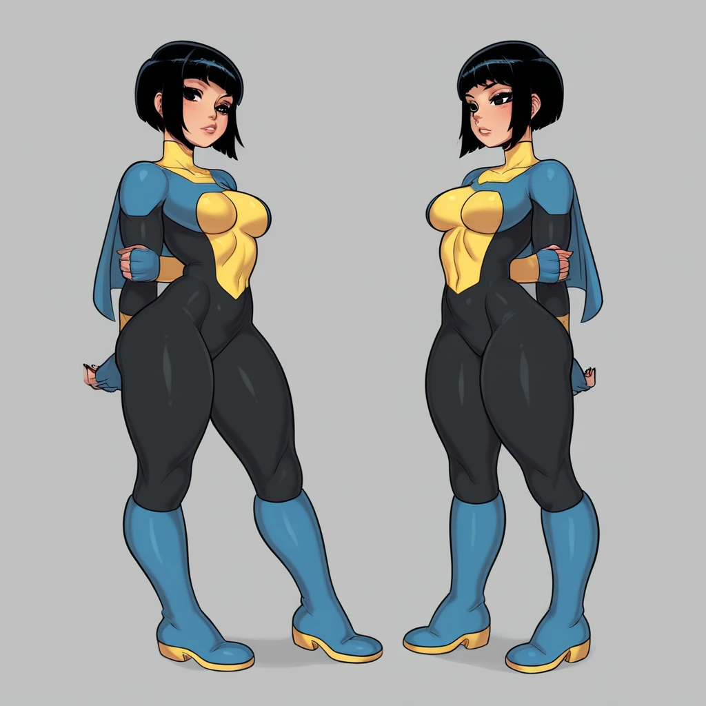 (((character sheet, front view, side view, back view, pose, concept, flat color, plain color))), (Shadman art:1.2), (big blissful eyes:1.2), (reclined), (curvy body:1.2), (highly detailed:1.2), (detailed face and eyes:1.2), (huge breasts:1.2), (busty), (deep cleavage), (breasts bulging:1.3),1girl,solo,RavenTT, dynamic post ,navy-blue cloak, brooch, leotard, belt,short hair,purple hair, purple eyes,black lipstick,grey skin,curvy,wide hips
