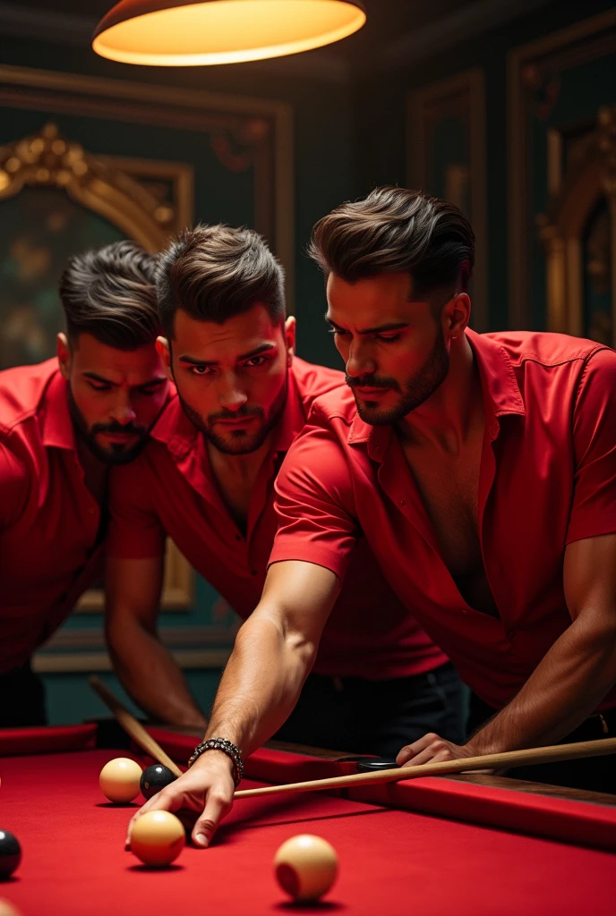 4 handsome men playing checkers in a cowboy bar some shirtless and others wearing one and a handsome young man standing next to them watching them play