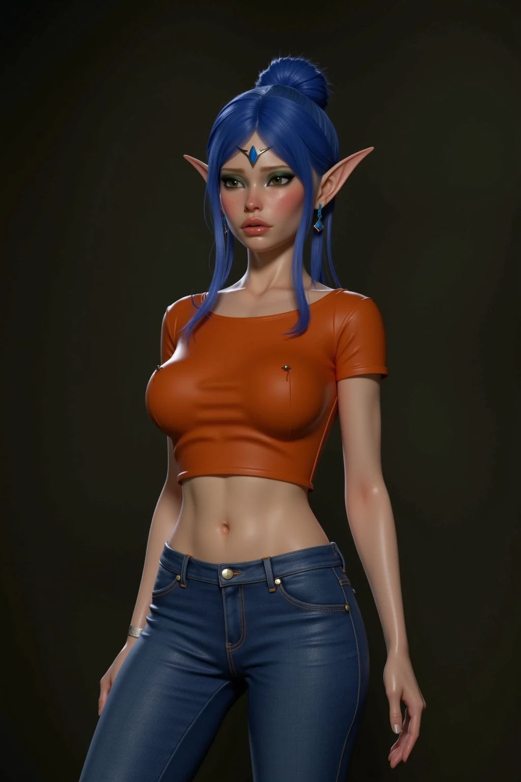 (1 girl:1.2) , (whole body:1.3) , (standing:1.3) , sensual pose, sfw, (medium hair:1.2) , realistic face, very detailed, (absurdres:1.2) , (facing the camera:1.3) , (beauty) , long eyebrows, bochechas, pele rosada, calmo, iluminado, 8k (bikini:1.2) , (blue hair:1.2), (brown eyes:1.2), (wavy hair:1.2), (pale skin:1.3), (bedroom:1.2) , smiling, lipstick (elf ears:1.3) , (sensual pose:1.2), curvy, thick thighs, huge breasts