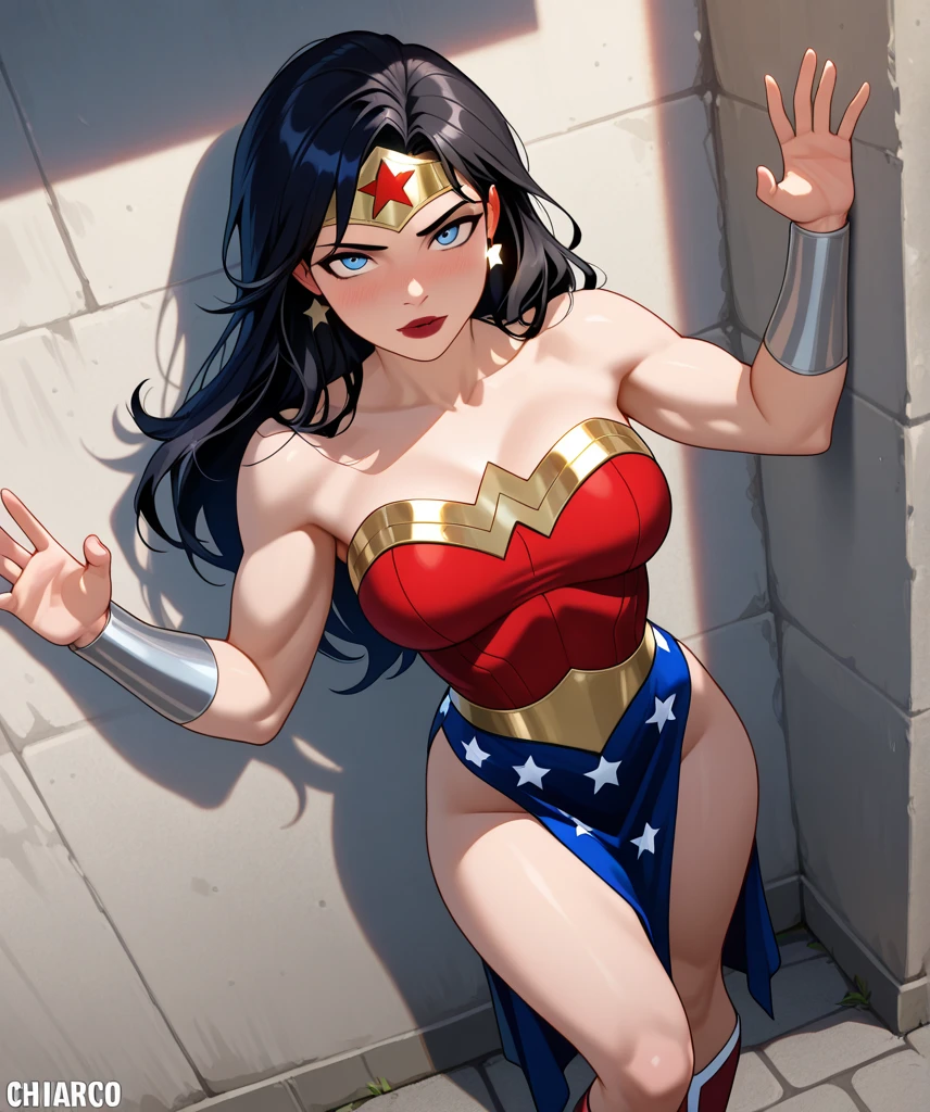 masterpiece, best quality, beautiful art, high resolution, well formed hands, body and fingers, 1 woman, solo, wonder woman Lynda Carter,  tiara , adult, big breasted, cleavage, full body, sexy and skimpy outfit , gorgeous legs and thighs , ryona,in peril, she is being beaten up by her opponent, receiving the impact of her opponent's attacks, reacting to the hits, closed eyes, she is being slapped in the face, knocked down, slammed against the floor, screaming in pain and agony, showing weakness and vulnerability, heroine in peril, ryona and perilous scene, sweating, bouncing breasts, martial arts tournament with beach environment 