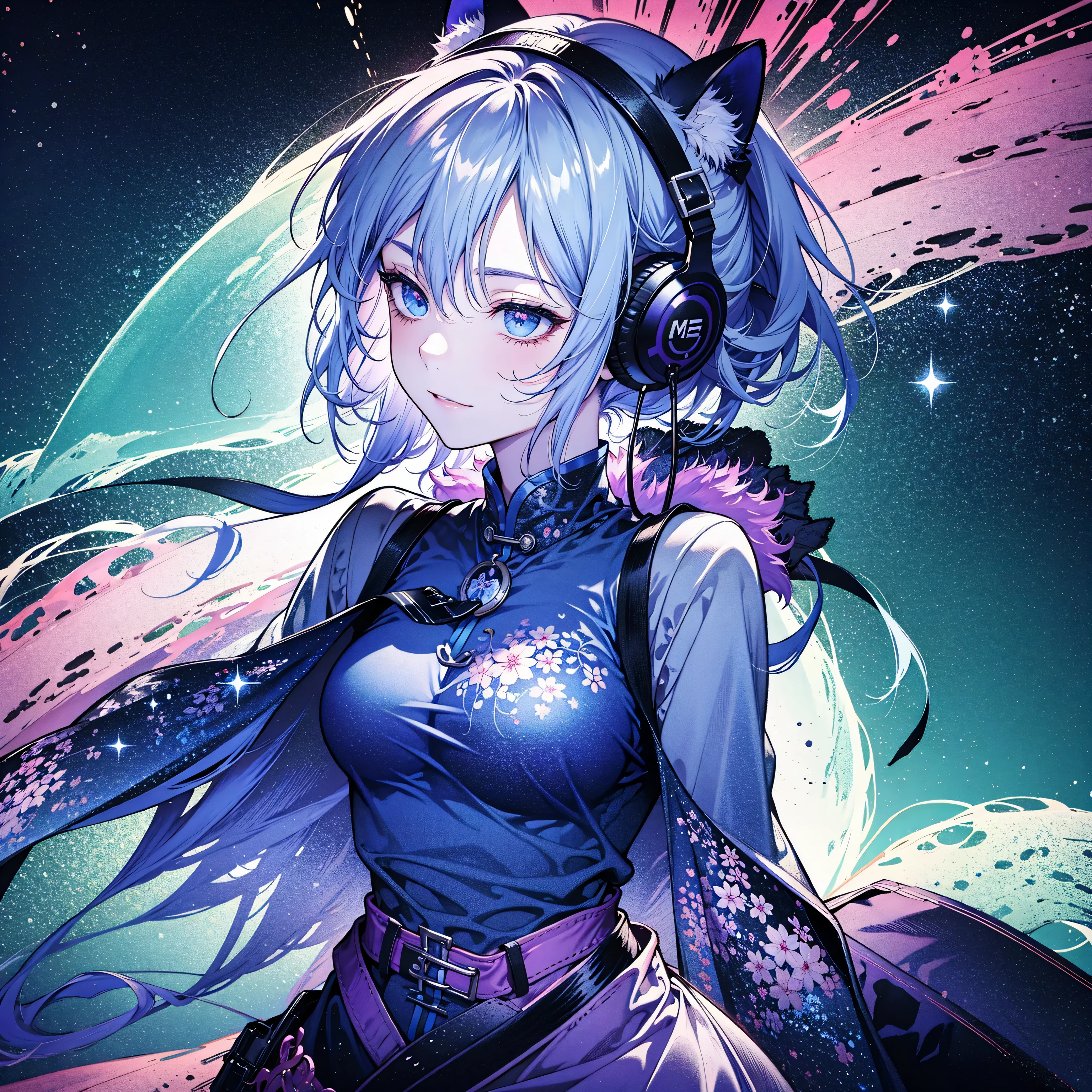 8k wallpaper，tmasterpiece，cinmatic lighting，top Quority，illustratio，Dramatic angles，（（a color：1.1）），（（Colored inner hair：1.4）），
1girll， solo， long blue hair， SakuraNS， Pink eyes， Cross necklace， parted lip， a white choker， liquid hair， Light blue hair， By bangs， By bangs， From the side Side， contours， The upper part of the body， blue hairs， anime kitchen backgound， pink back ground，   shoulders， sportrait， looking at viewert， white dresses， hairsbetweeneyes， colorfulhair， kitchen Background, Nebula, 耳 Ring，jewely, majestic, eating hamburger, table of foods, crowded 
