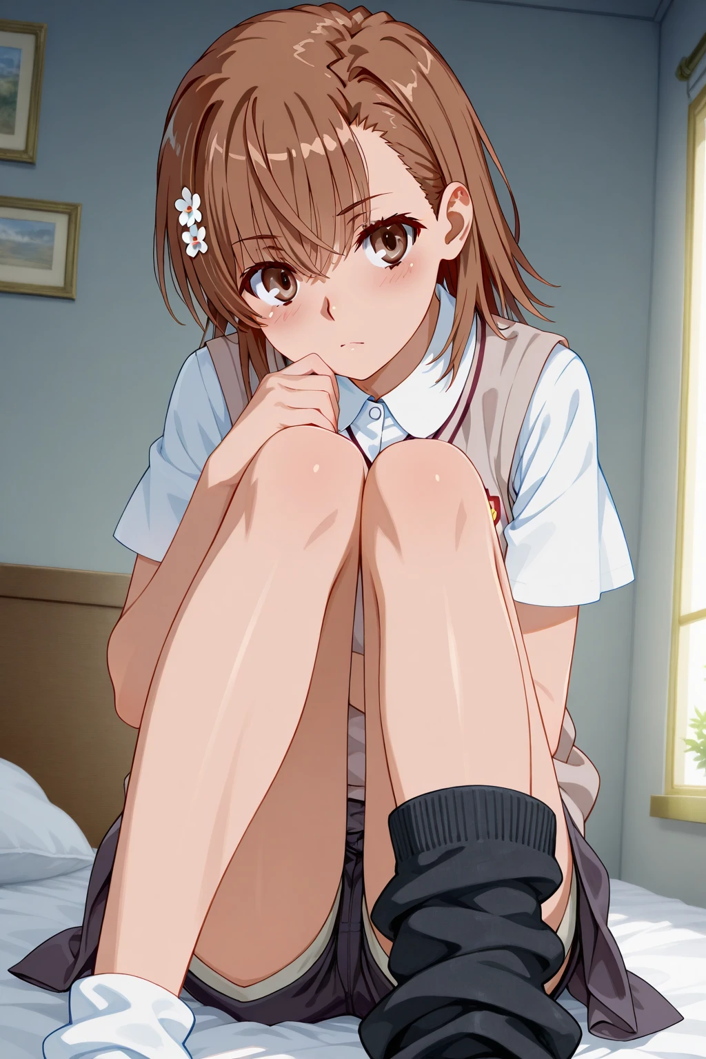 1girl, (suminoe_ako:1.3), sitting, (knees up:1.5), solo, blush, upper body, closed mouth, skirt, white shirt, (red necktie:1.0), looking at viewer, (brown:1.0), short sleeves, arms behind back, (white panties:1.2), small breasts, (covered nipples:1.2)