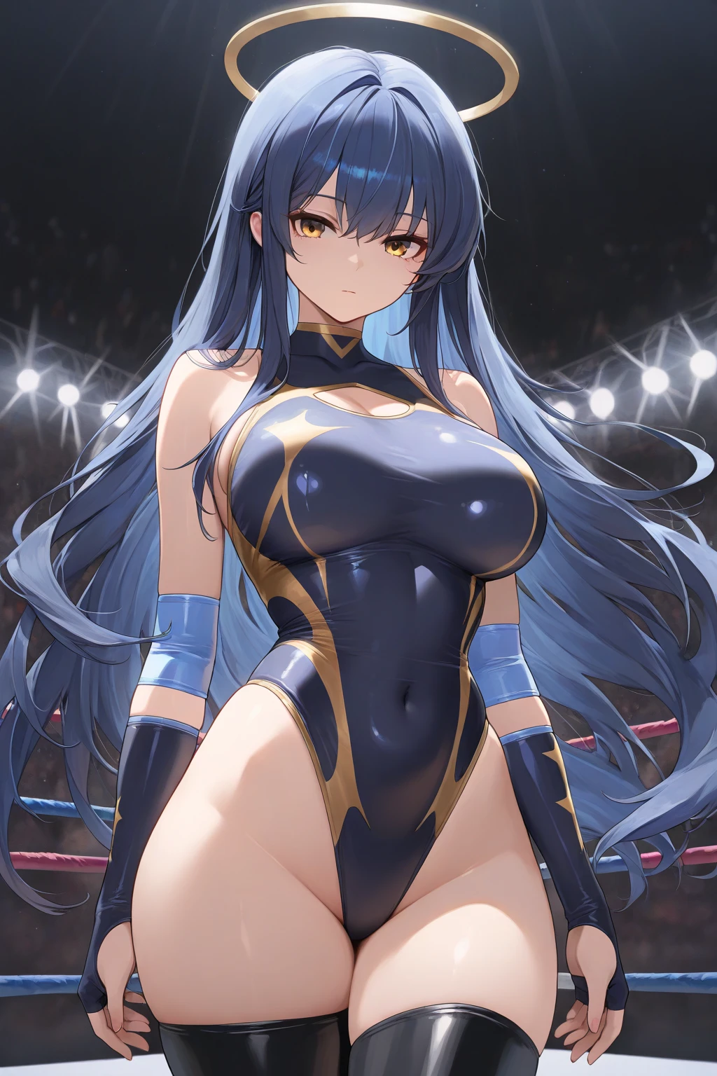 4K, A high resolution, Best quality at best, masterpiece, perfect colors, perfect shadow, perfect litthing, ((sportrait)), 1woman, fit body, heterochromia eyes，dark blue hair , blue eyes, With round lenses, The audience watched carefully, (s face: 1.2), Perfect female figure, ((dynamic pose)), ((gold and purple Tight crop top gold andpurple leather suit)), ((shy and looking at viewert)), (Perfect thick white eyebrows) Delicate fur, 详细s face, s the perfect face,  , (dynamic pose), big breast, open half breast