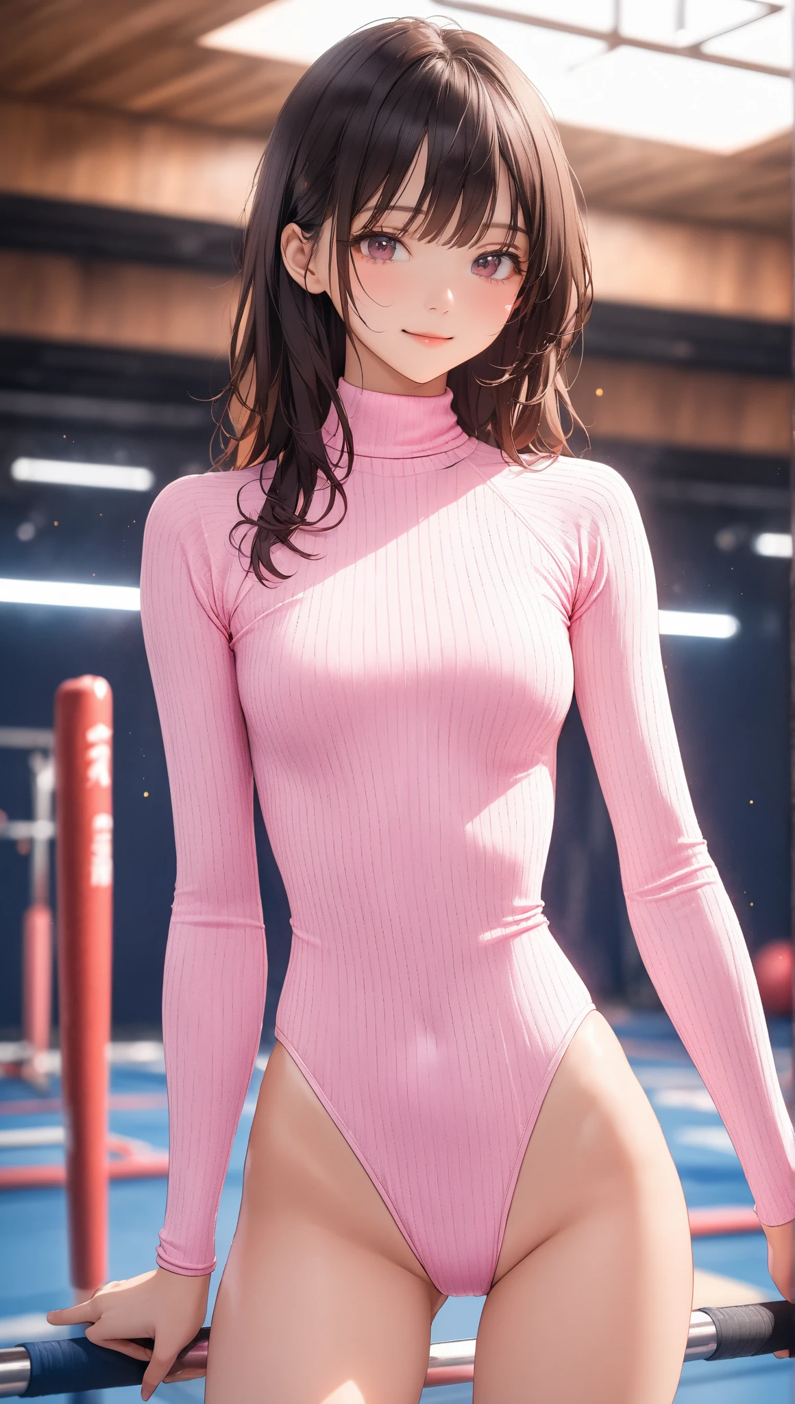 highquality illustration, masterpiece, very delicate and beautiful, attractive girl,(colorful leotard, heattech leotard,tight leotard,long_sleeve leotard,ribbed leotard,high_leg leotard,turtleneck leotard), thin,slender body,slim,gymnastics club,gymnastics athlete,bare legs,gymnasium background,beautiful eyes, light smile,(masterpiece, best quality:1.2), highres, extremely detailed CG unity 8k wallpaper, perfect lighting, Colourful, ultra-high res,4K,ultra-detailed, photography, 8K, HDR, 17 ages,