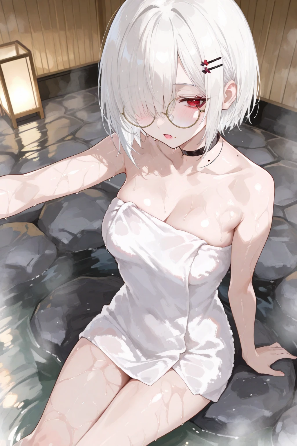 (((Solo))) Vampire woman with short white hair, ((red eyes)), ((wearing a black two piece bikini)), wet, ((laying in a bathtub)) character is in an indoors shower, (mature woman Anna), ((large chest)), curvy hips, long legs, detailed eyes, (character is wet), (((mature woman))), milf, ((full lips)), sparkling eyes, seductive pose, sexy face, (beautiful lighting), beautiful bathroom, (((dripping wet)), misty, hands on chest, rose petals, black decor
