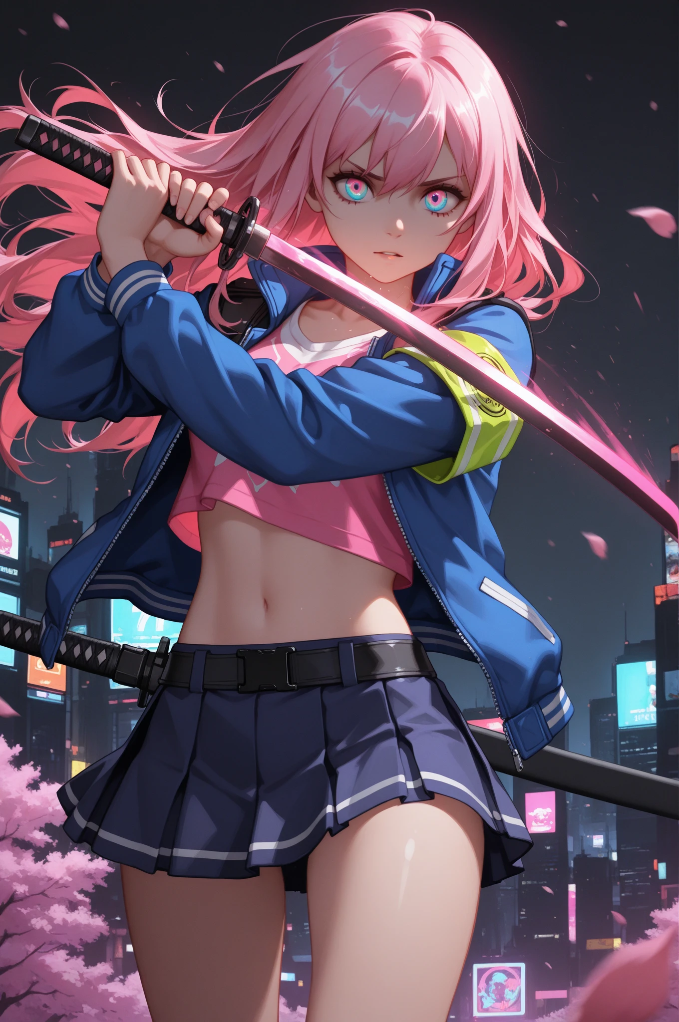 1girl, has dark pink hair, has sharp ice brown eyes, give accurate facial features, give accurate hands, accurate legs, HD , thighs appears , has a shooting ability , small boobs appears ,holding a pistol , has a gun