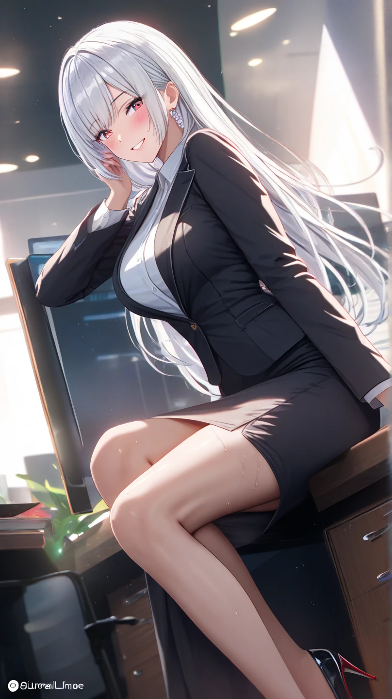 girl, 20 years old,Waist-length hair, Silver Hair, Amber eyes, Medium breasts, indoor，put，Short skirt，Knee-length socks，High heel，office，sit，，elegant，best quality, high resolution, Very detailed, Detailed background, Perfect Lighting，Light, Light线追踪, Depth of Field, Light, Light线追踪, Ultra HD, High Detail, best quality, high resolution, high quality, The award-winning, Super Detail, masterpiece, 8K, Ultra HD, High Detail, best quality, high resolution, high quality, The award-winning, Super Detail, masterpiece
