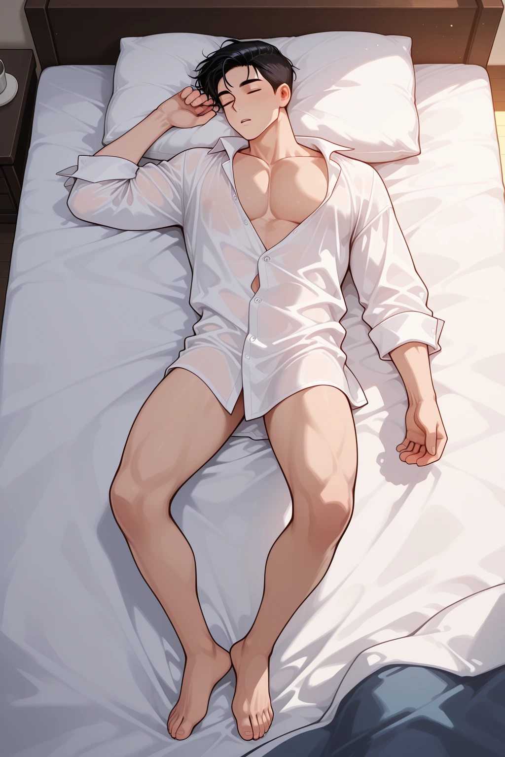 full body photorealistic handsome hunky shirtless adult white haired Jack Frost, lying on a bed of white winter roses
