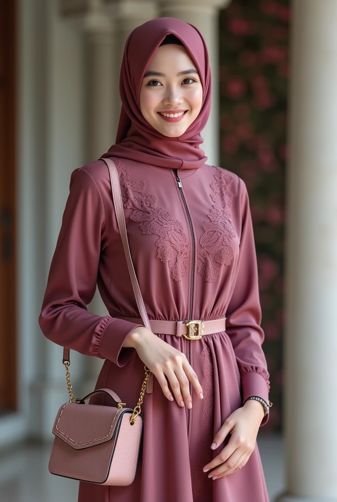 Please make me a photo of a young woman wearing a patterned long-sleeved dress brown colour and hijab, wearing shoes, smartwatch iPhone (((full body beautiful professional))standing facing the viewer in the middle of the park against the background of an ocean view. In his hand, he holds the handbag with confidence." ...