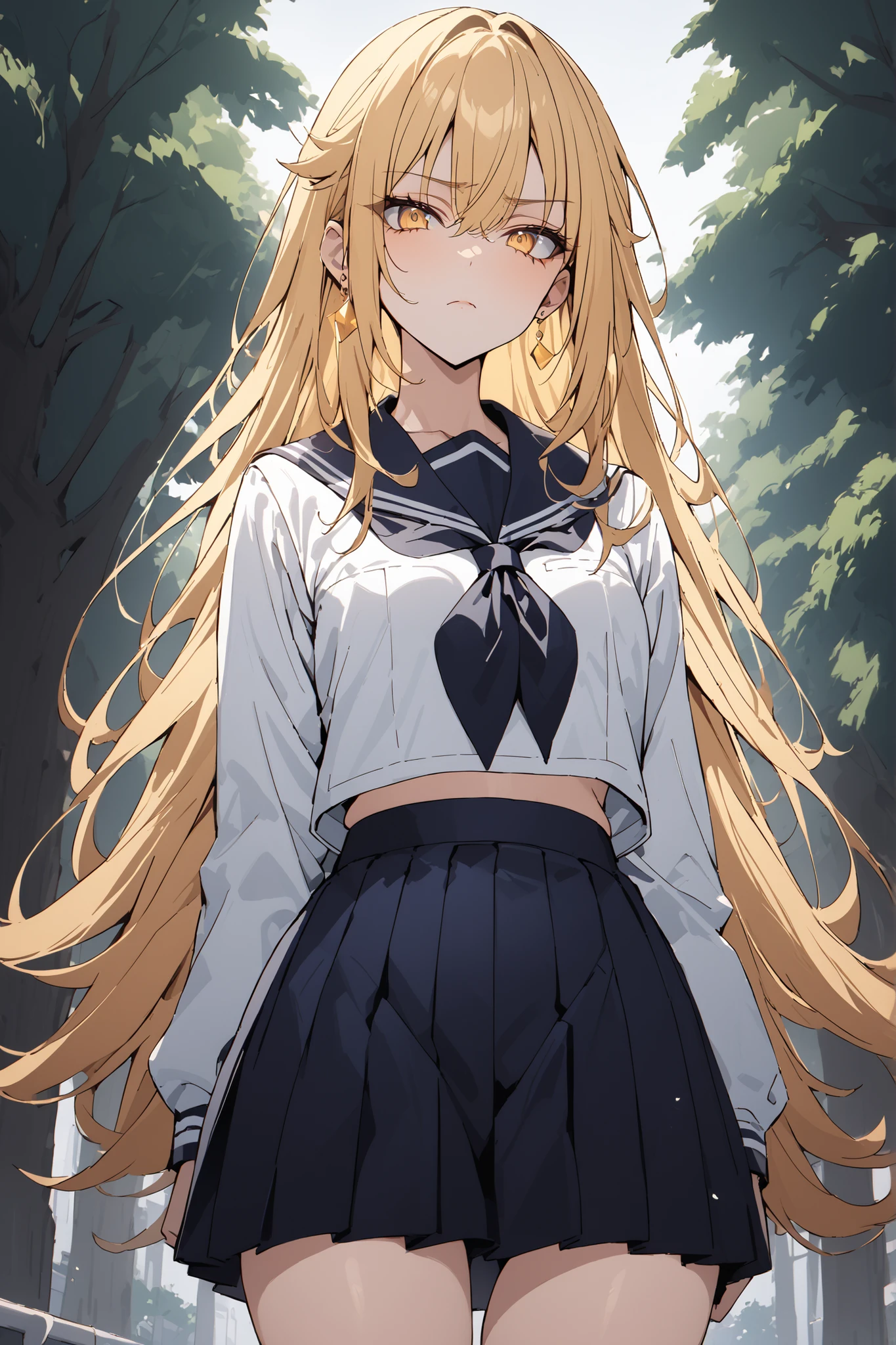 ((Ultimate Masterpiece,top quality:1.2)),(soro),A cool woman with a very slender figure stands at school,(Very thin thighs),cowboy shot with a close cute face,beautiful skin,Very long, straight blonde hair, perfect yellow eyes ,  tree eyes  ,serious expressionless,in a white-based short-sleeved school sailor suit,dark blue pleated skirt,Gold Earrings