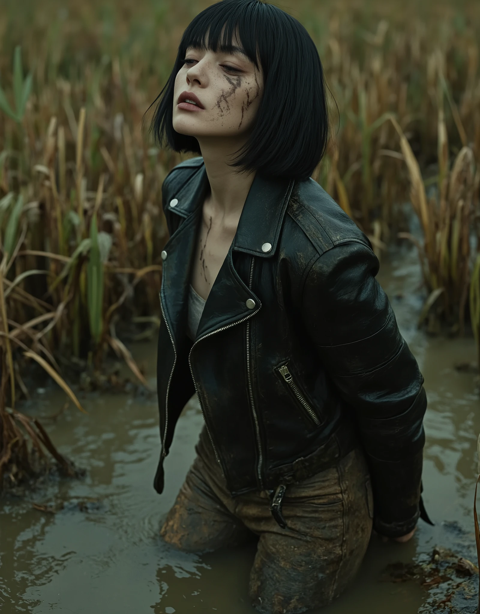 artistic portrait, ugly mature mom over 30. withered, turns stuck in sludge murky vegetation mud, black bob haircut. dirty messy leather biker jacket and leather biker skinny pants. Tormented in lust ,reeds, polluted duckweed vegetation, strong bags under eyes, detailed portrait, moody lighting, gritty, dystopian, dark fantasy, rugged black night environment, muddy terrain, gloomy atmosphere, dramatic shadows, cinematic shot, ultra-detailed, 8K, HDR, photorealistic, masterpiece, hands hidden on back