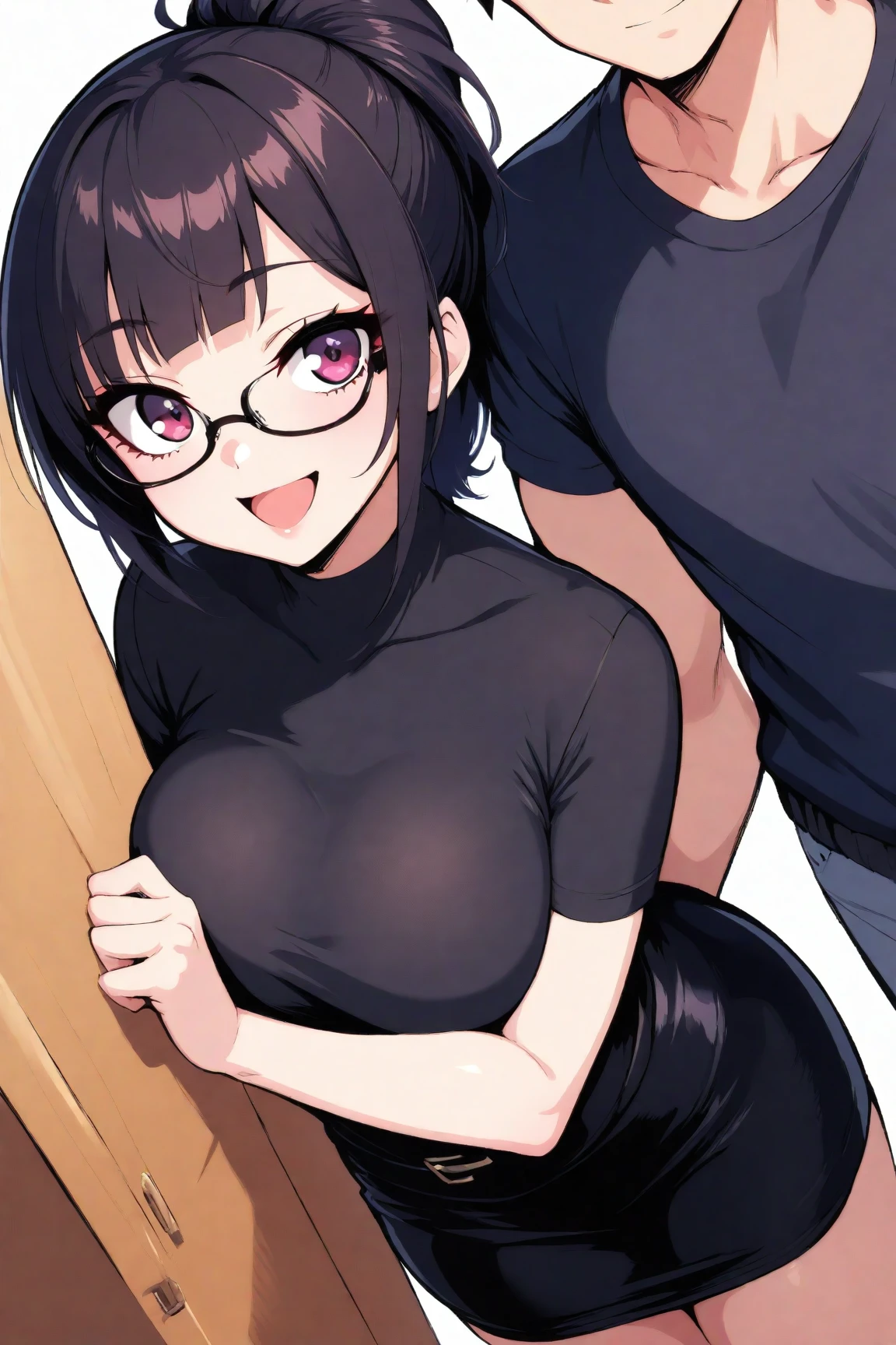 1 girl and a boy the girl: (masterpiece), best quality, expressive eyes, perfect hybrid succubus girl face, long cyan and blue hair, magenta eyes, glasses, happy, t-shirt similar to a black sports top, red thigh-high stockings, tail demon, golden necklace with a black stone, blue jean shorts, big and perfect breasts, thick thighs, perfect ass the boy: (masterpiece), best quality, high quality, 1 teenage hybrid demon boy, male focus, dark blue hair, purple eyes, gray scarf, red sweatshirt with black sleeves, black pants, black and white sneakers they are both kissing
