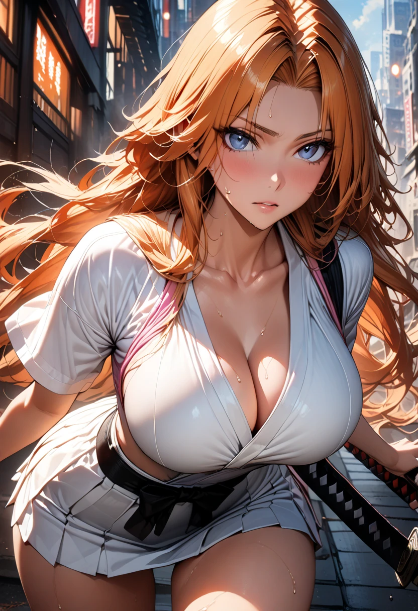 1girl, young asian woman teen, 18 years old, ((red wavy hairs with side bang)), long (high ponytail), long ((((green)) pleated skirt)) with single slit on the side, long green skirt, long skirt, ((white kimono top)), long sleeves, huge round fakebreasts, tiny waist, ((deep open v-cleavage)), tanned skin, tan, (sultry mesmerizing blue eyes), seductive smile, (red stocking), leaning foward, long green side-open skirt, panties