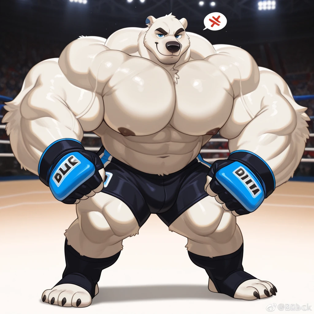 huge muscular polar bear in UFC MMA Fighting Tournament, big smirk, polar bear, huge white fur, thick arm, huge arm, white mustache, white bearded. Buzz cut hair, (huge thick muscular, huge pectoral, wide pectoral, thick arms), bulky, bulking, hulking, correct anatomy, cage arena, fighting ring, realistic, 8k, masterpiece, (wearing black mixed martial arts shorts with blue slits, mixed martial art fingerless gloves with blue pads, blue mouthpiece, black toeless footwear and shirtless and topless), kicking techniques, uppercut punching motivations, champion.
