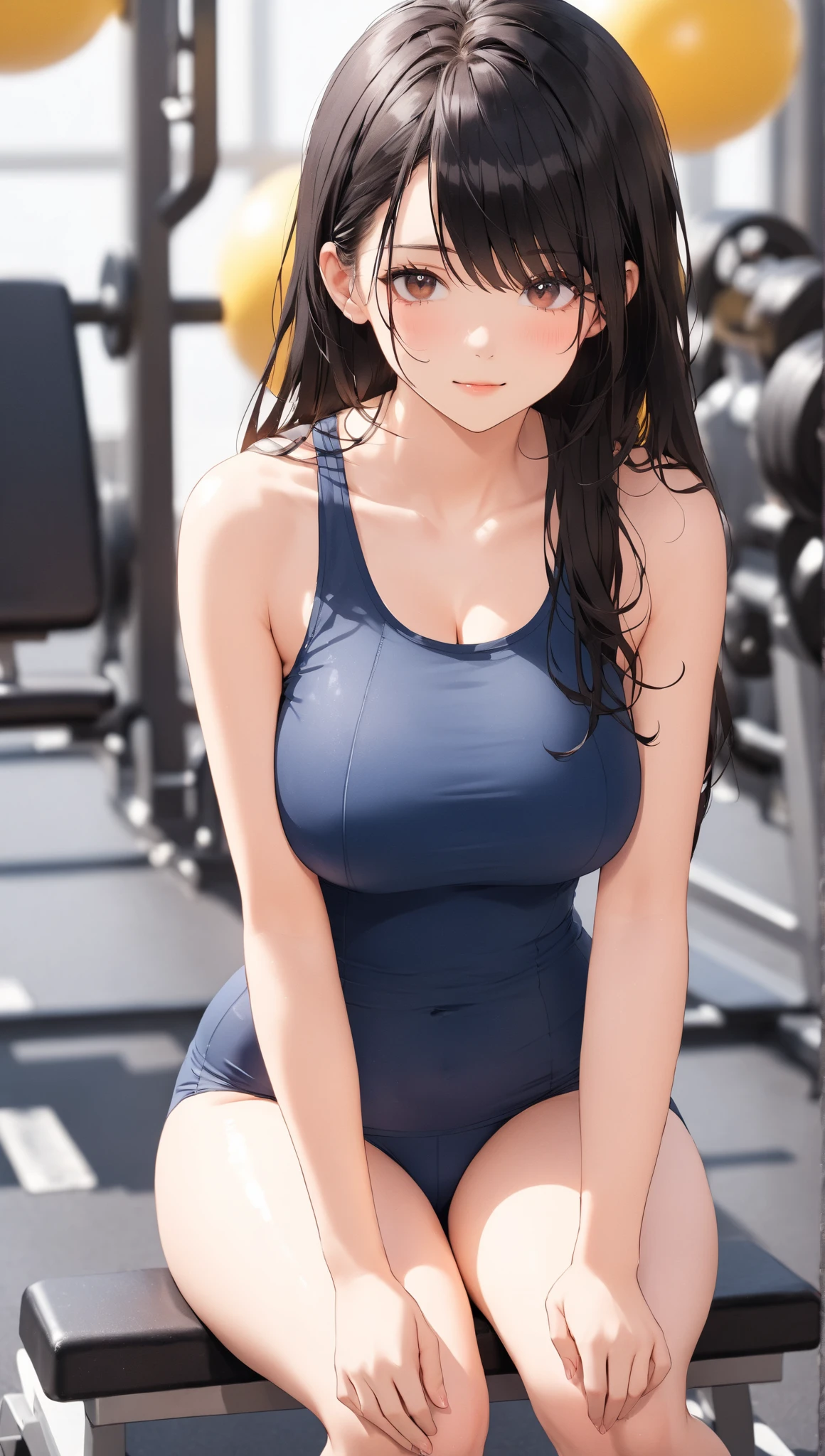 fitness cute girl, wearing flower printed leotard, leg up, towel on neck, cleavage, sweat skin, tired smile, at living room, yoga mat on floor, pot tree, big mirror, reflect her, ((crotch hair)), 