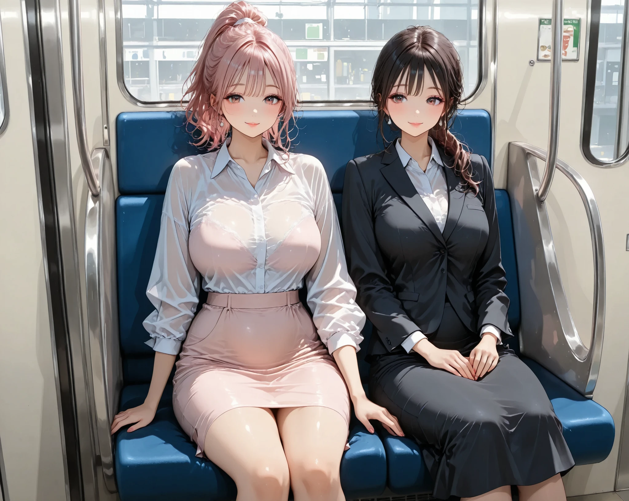 (glamorous),(curvy),sitting seat,high ponytail,looking other,pink hair,clear makeup,office lady,medium skirt,subway