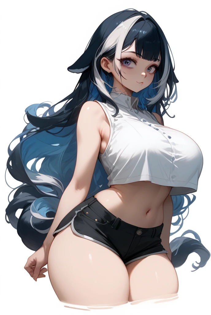 I am Yukiko, I am a white furred cat woman with long light blue hair along with cat ears and light red eyes with a blue cat tail. I am 1.62 cm tall , Dressed in a white mini skirt revealing the black thong she was wearing along with a short, tight black top. with huge breasts measure 200 cm, waist 40 cm and hips 200 cm