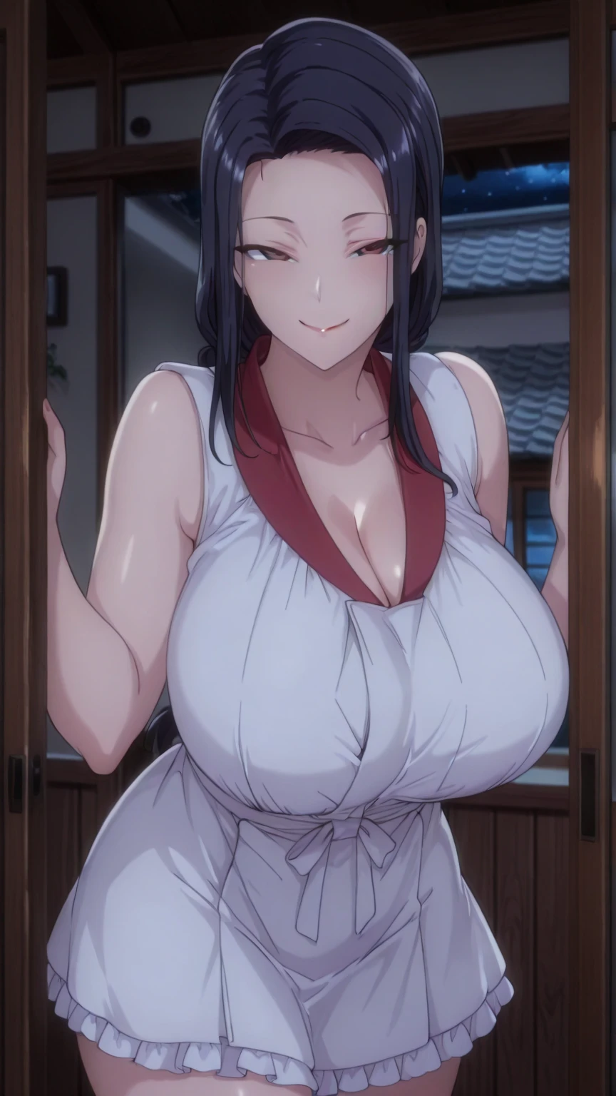 Tsubaki Miyajima anime, big breasts, Japanese clothes, sitting at the door, exposed cleavage, shy expression, good quality