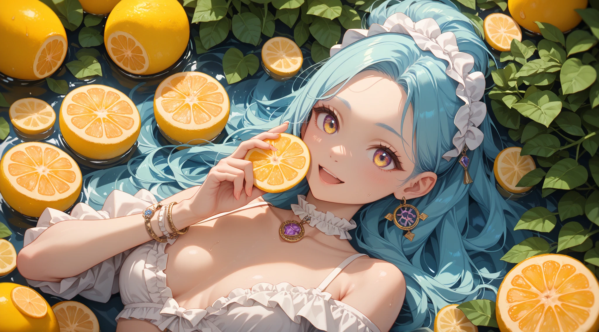 Style-Sylvamagic, Award-winning character concept art of beautiful dryad sitting on citrus tree, In a beautiful orange citrus grove, Citrus fruits of the tree, Amazing body, Smiling, Happy, Laughing, delight, Light blue hair, Golden horn, Beautiful Gossamer See-Through Dress, Blurry_Background, breasts, Smile, Voluptuous, Natural lighting, Medium_breasts, Lips, up looking_で_viewer, Solo, From above, Highly detailed 8K character concept portrait studio lighting, Sunlight, Beautiful lighting,