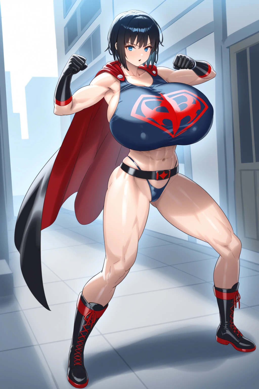 (hight resolution), (8K), (Extreme Detail), (Best Illustration), (beautiful detail), (Best Quality), (masuter piece), ( Detailed face),Standing、One hand is on his hip、 Dressed in a red cloak、A dark-haired, mole under mouth,well-muscled, (blue eyess), hair between eye, Sleeveless, Navy blue bodysuit, White cloak, gloves , Realistic fantasy rendering, Realistic anime girl rendering, Full body portrait, (Big Breast: 1.4)  popular in CGSTATION,4K,A MILF((Background with、White clouds in blue sky)) ((cool expression))