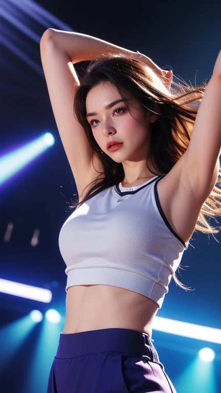 (extra detailed body、extra detailed face、best qualtiy:1.2)、femele、looking at the viewers、(White tank top、Split abs、JINS)、(Cosmos chaos in the background:1.4)