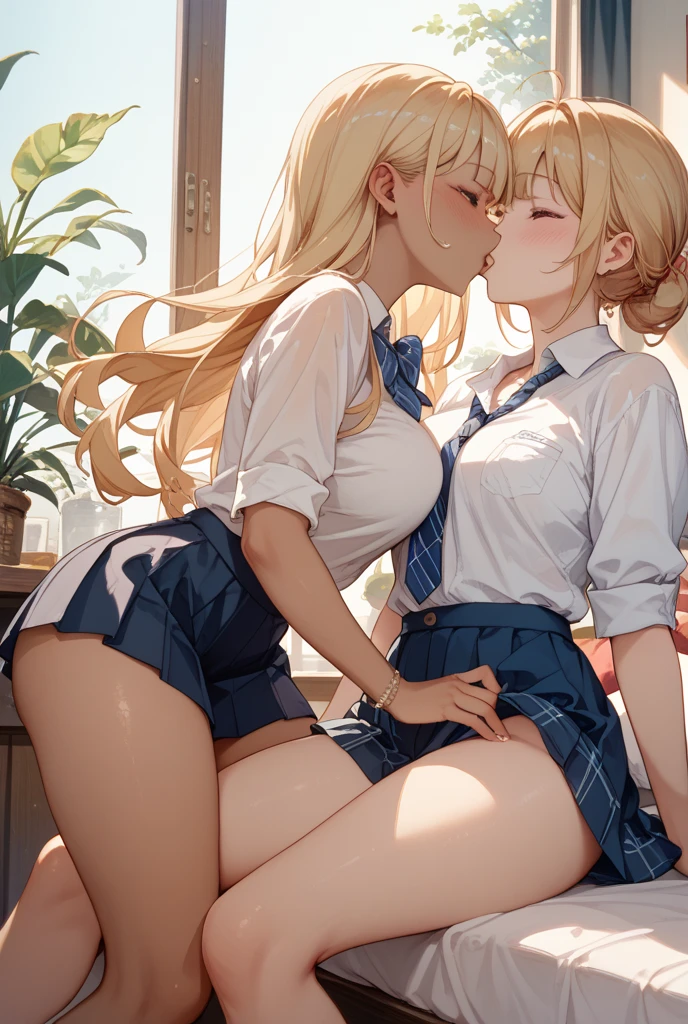 big breastes, Without bra, kissing each other, school, Mini skirt shape, licking nipples, panties in your mouth