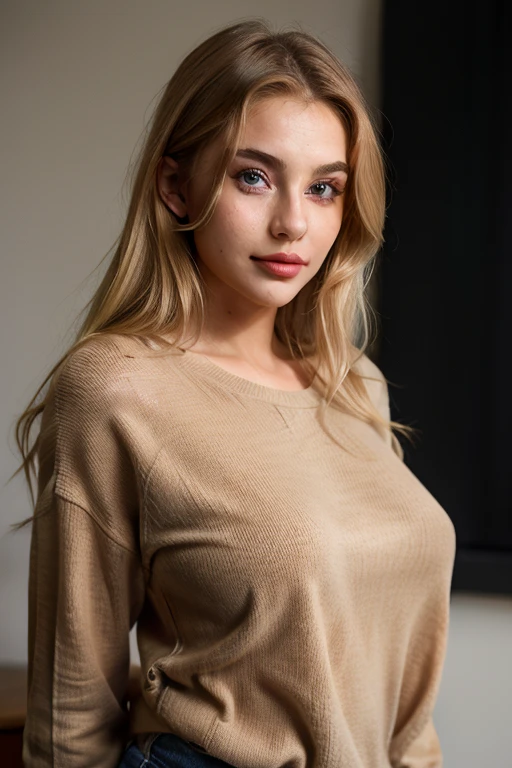 1girl in, age19, Solo, Long hair, Colossal , Looking at Viewer, blondehair, Bare shoulders, Brown eyes, jewely, Full body, a necklace, off shoulders, Sweaters, Realistic, A sexy, huge