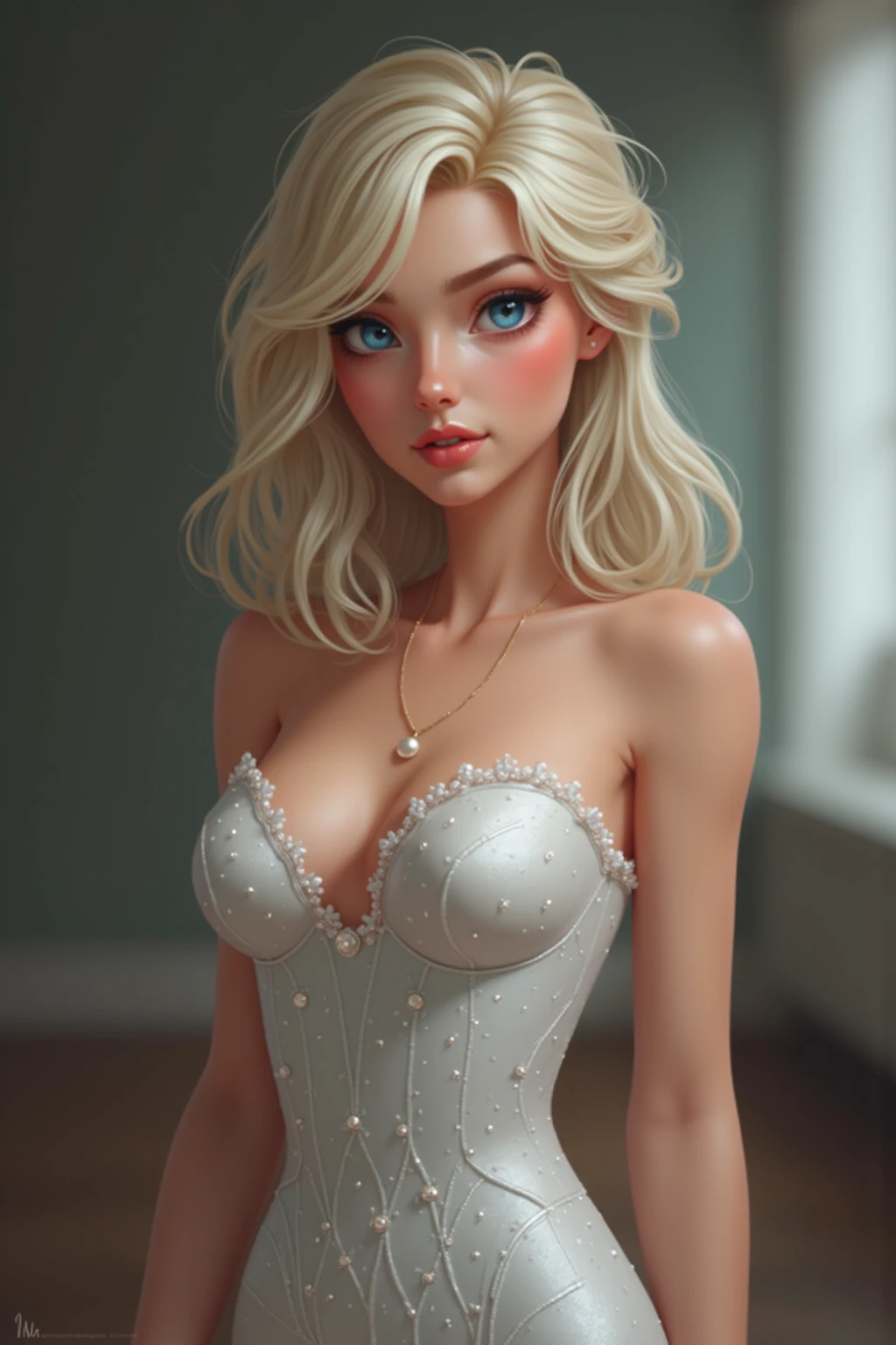 tall caucasian-latina woman; 25 years old; long blonde wavy hair; green eyes; pale Caucasian skin; hourglass shape; very large breasts; Disney-style, CGI; best quality; high definition; trending on artstation; complex volumetric lighting; low incandescent lighting; shadows; at a party in a luxury apartment; tanned skin; captivating; party clothes; party dress;