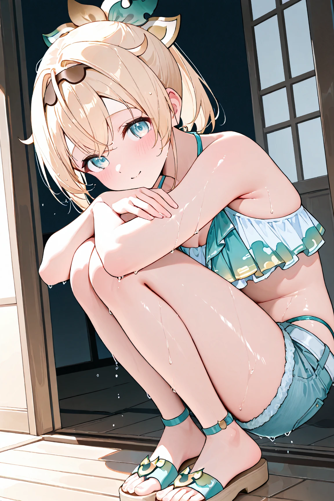 (((masterpiece))), ((highest quality)), ((Very detailed)), ((High resolution)), ((8k)), ((Anatomically correct)), ((The correct number of fingers)), One Woman, Kagamine Rin, Vocaloid, Blonde Hair, short hair, (White ribbon on head), Short, Very cute woman, delicate, Charming smile, Blue eyes, Bright Eyes, Best moment, Vivid eyes, Beautiful Skin, Cute face, delicateな腕, Detailed skin texture, Intricate details, Very detailedな顔, Beautiful Eyes, Beautiful curves, View your viewers, Beautiful thighs, A red bikini with frills on the top, Denim shorts on the lower body, Busy bar at night, Sweat, Place your hands on your knees, Wearing Sandals, Open your mouth,