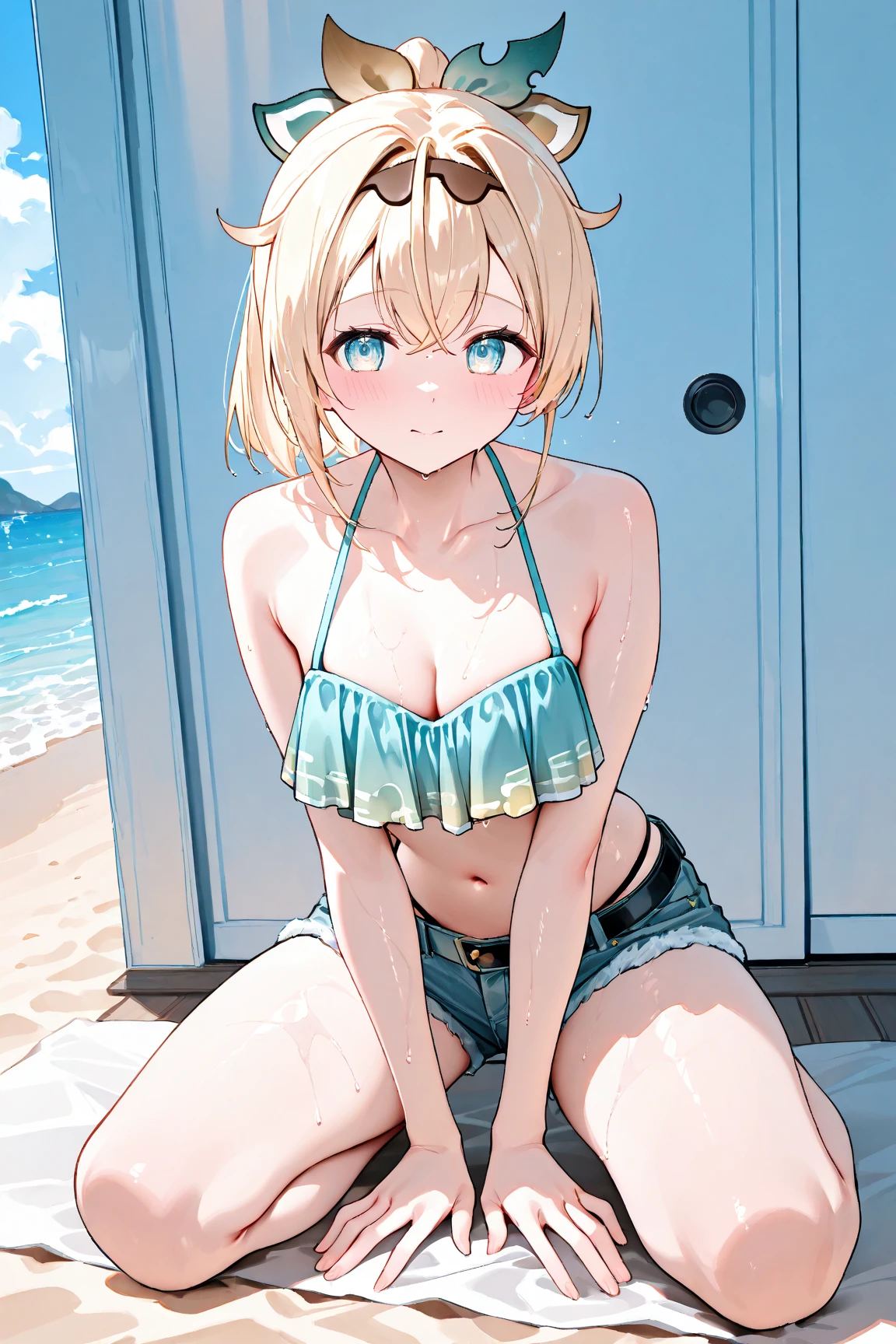 (((From the back)))、She was wearing a white semi-transparent micro bikini..、Beautiful blonde、Big beautiful blue eyes、Smooth, White skin like porcelain、A slightly plump style is best、(Super short bob with short nape)、Sharp and stern expression、(((Detailed depictions of the body visible through the very thin material of the swimsuit、Detailed depiction of wrinkles in a swimsuit)))、Maximum Pixels、Photorealistic image quality、(Depiction of pointed areola)、Sitting pose with one leg bent、Glaring at the camera