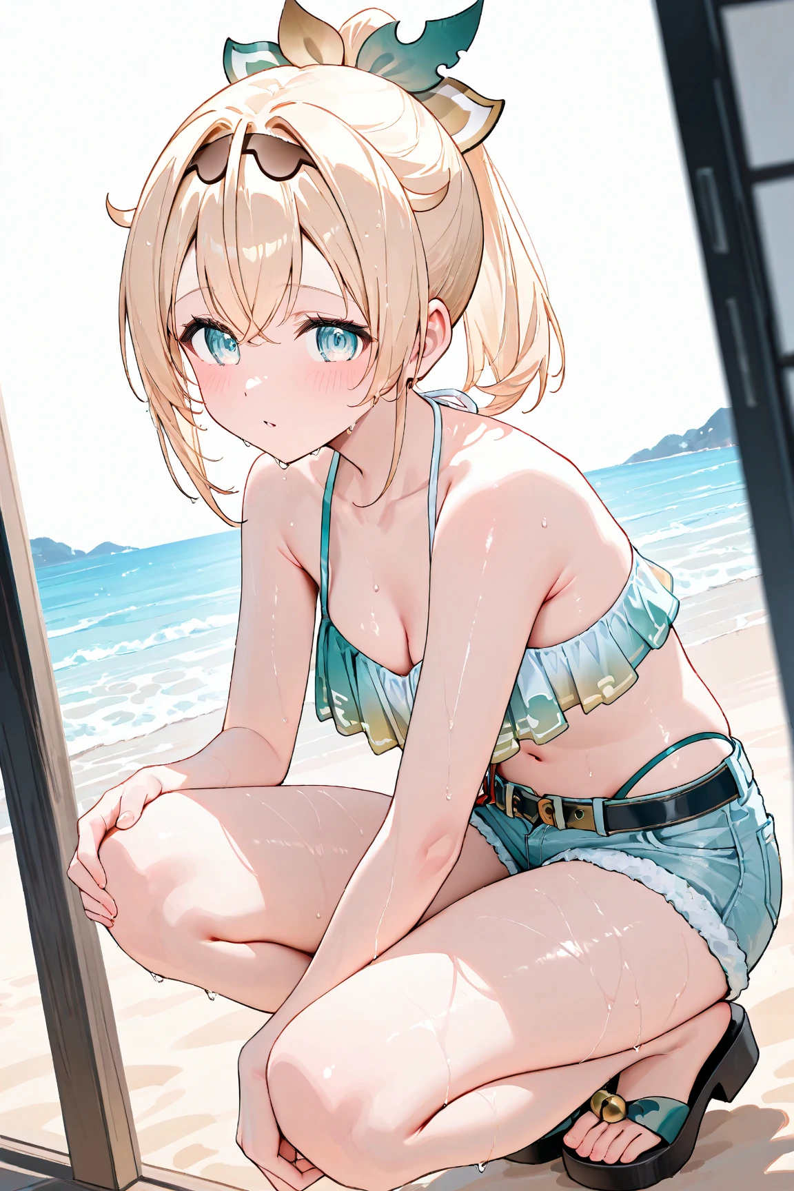(masterpiece:1.2, Highest quality), (Realistic, photoRealistic:1.4), Beautiful illustrations, (Natural Side Lighting, Cinema Lighting), Browsing Caution:1.2, View Audience, Cowboy Shot, 1 girl, Japanese, idol carving, high school girl, Perfect Face, Cute and symmetrical face, Tan in the shape of a school swimsuit:1.3, Glowing Skin, thin, (Small breasts:0.6), Beautiful Hair, Beautiful Face, Beautiful details, Beautiful clavicle, Beautiful body, Beautiful breasts, Mole on chest, Beautiful thighs, Mole in the groin:1.5, Beautiful feet, Beautiful fingers, ((Light blue hyper micro bikini:1.5), ((sitting on a rock:1.35 | Keep your legs wide open:1.5, front:1.4)), ((Place your hand on your chest | Place your arms behind your back)), choker, Wrist Chakra), (short hair:1.2, Twin tails:1.2, blonde), Parted bangs, Chestnut brown eyes, Long eyelashes, (Beautiful views, Beautiful sunset:1.45), Tropical Beach, (Cute Smile, Upward glance)