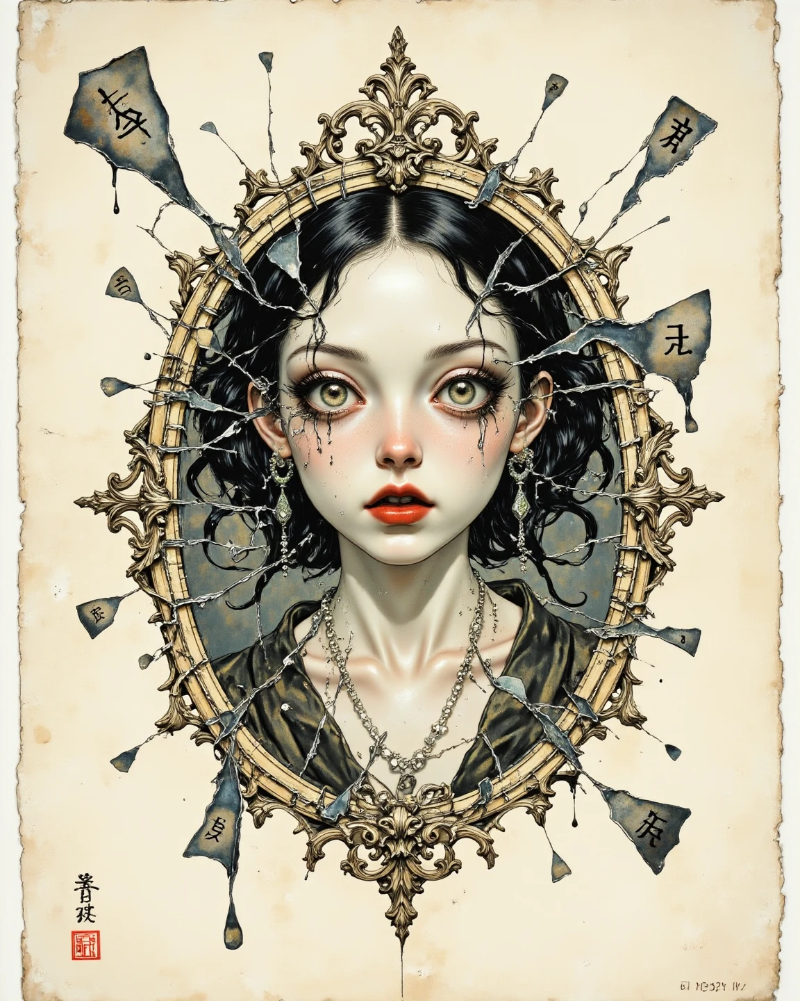by Gris Grimly, oil painting, 18 years old asian girl,hacksaw, knife, smoking vial, iron thongs, calliper, sundial