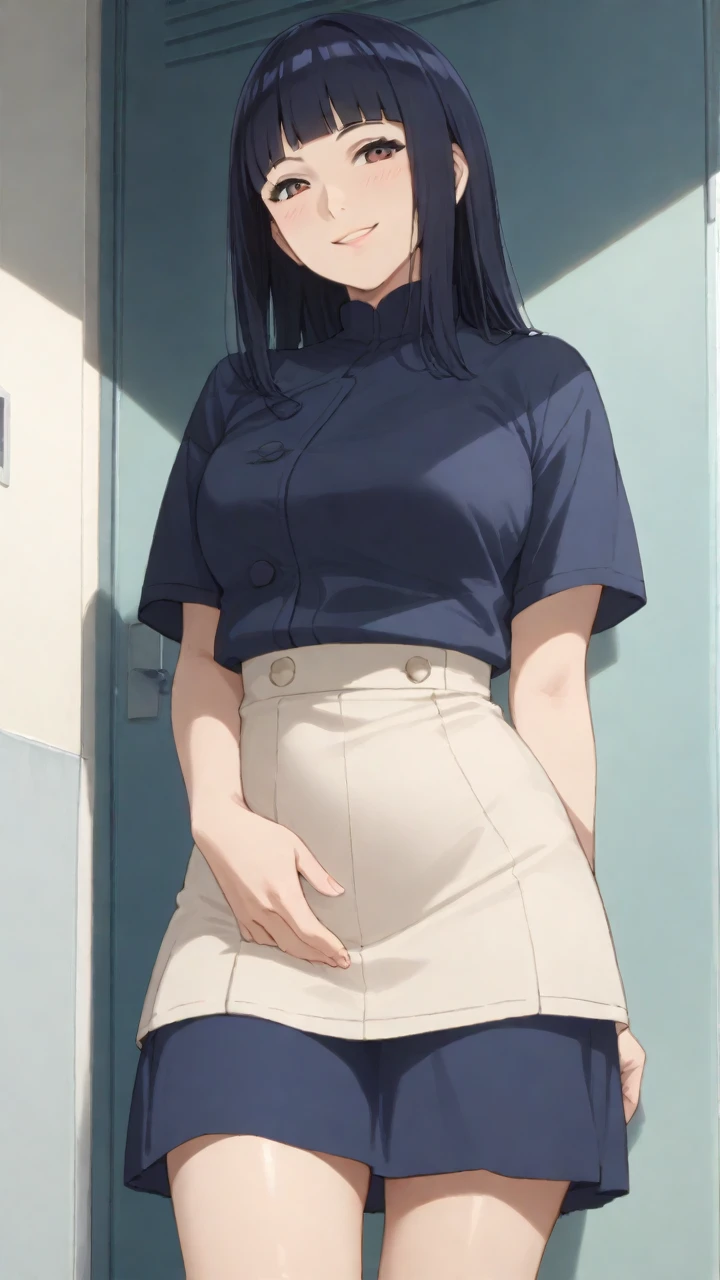 NTRman, masterpiece, best quality, 1girl, alternate costume, arms behind head, arms up, black skirt, blue hair, breasts, brown eyes, buttons, closed mouth, collared shirt, contemporary, cowboy shot, dress shirt, expressionless, hair over shoulder, hairband, high-waist skirt, large breasts, long hair, looking at viewer, necklace, office lady, pencil skirt, plant, potted plant, shirt, shirt tucked in, skindentation, skirt, solo, thigh strap, thighs, watch, white shirt, wristwatch