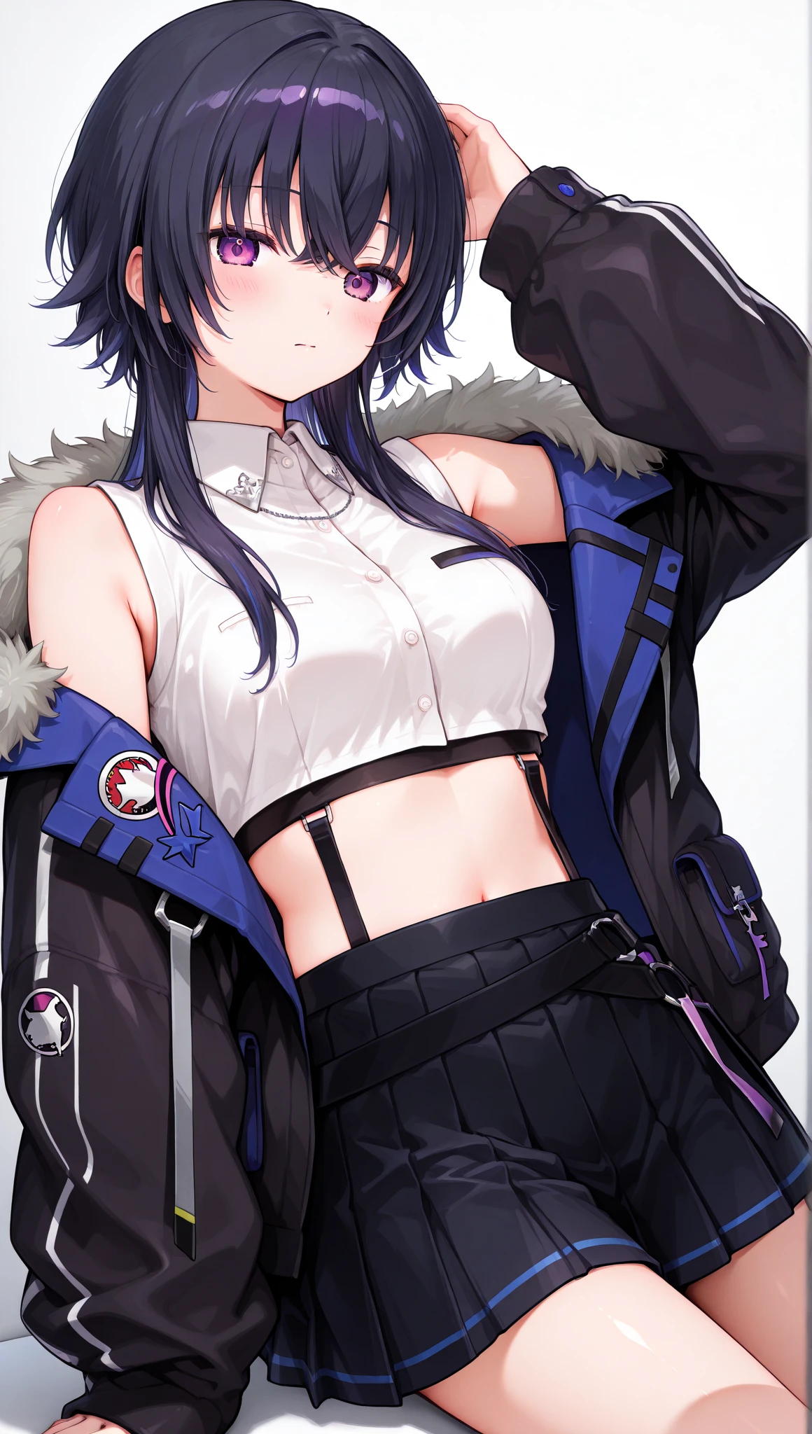 (masterpiece, best quality:1.4),reina, purple eyes, multicolored hair, choker, purple jacket, see-through, black shirt, black shorts, fingerless gloves, pantyhose thin, fit, medium breasts, smirk, closed fist, white stripes, toenail, thigh strap, thick thighs, tight clothes, nipples, sexy, nsfw