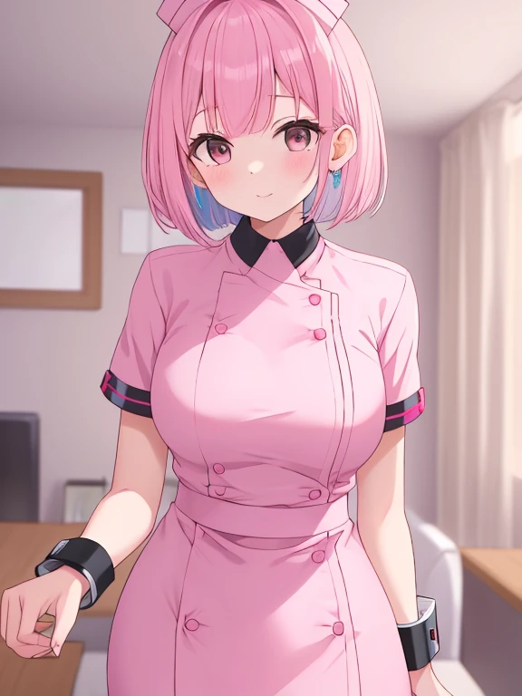 1boy, solo, male focus, nurse, white nurse cap, white nurse uniform, ((white legwear, zettai ryouiki)), white gloves, short hair, orange hair, smile, open mouth, standing, ((hospital room)), sharp outline, short sleeves, , 12 years old, best quality, masterpiece