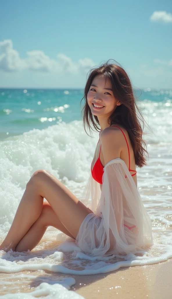 japanese girl, Beautiful girl at 22 years old, Golden Ratio Body, (masterpiece:1.2), (highest quality:1.3), (super realistic:1.5), shallow_sunset, 1 girl, Frolic with the waves, are having fun, A big smile, cowboy shot, swimsuit, off shoulder dress, flower, At dusk, magic hour, Prime time,