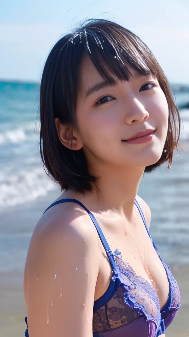 (blue bikini:1.3), 8k, RAW photo, best quality, masterpiece, realistic, photo-realistic, clear, professional lighting, beautiful face, no makeup, best quality, ultra high res, BREAK, Japanese cute girl, 14 years old, (short cut hair:1.2), smile, BREAK, standing, BREAK, (beach:1.3), (black eyes, black hair:1.2)